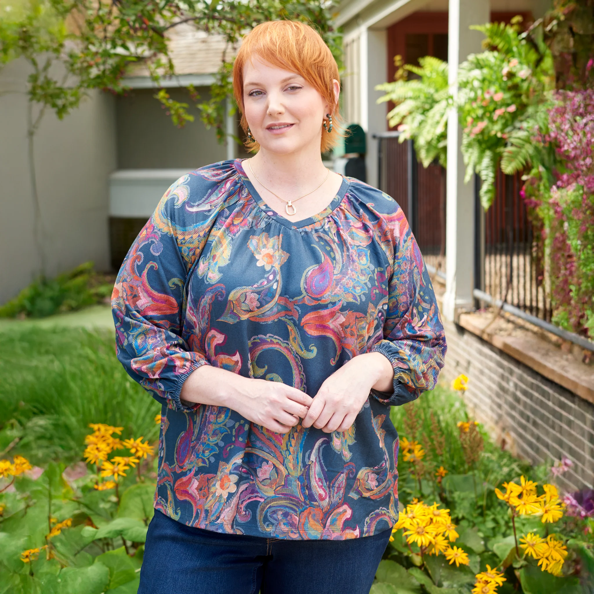 Paisley Print Long Sleeve V Neck Top - Image 2