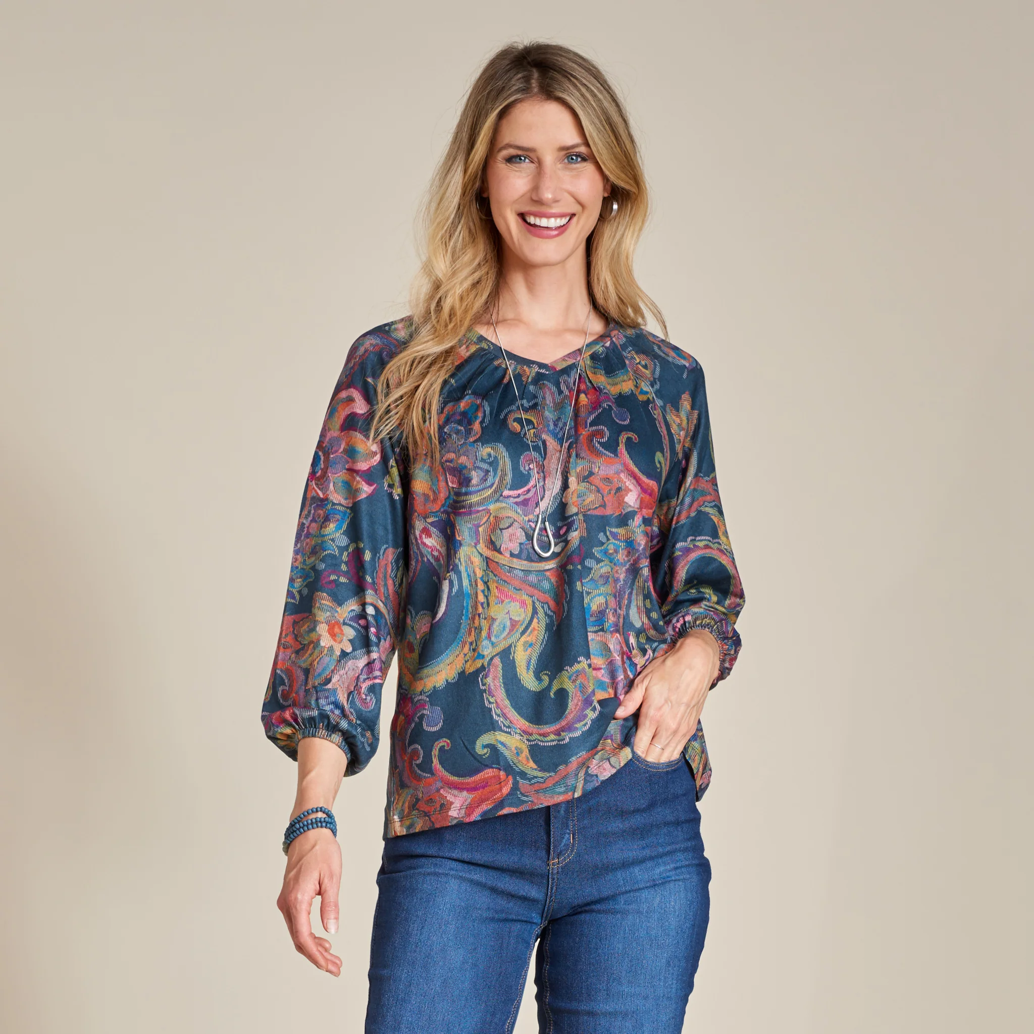 Paisley Print Long Sleeve V Neck Top - Image 3