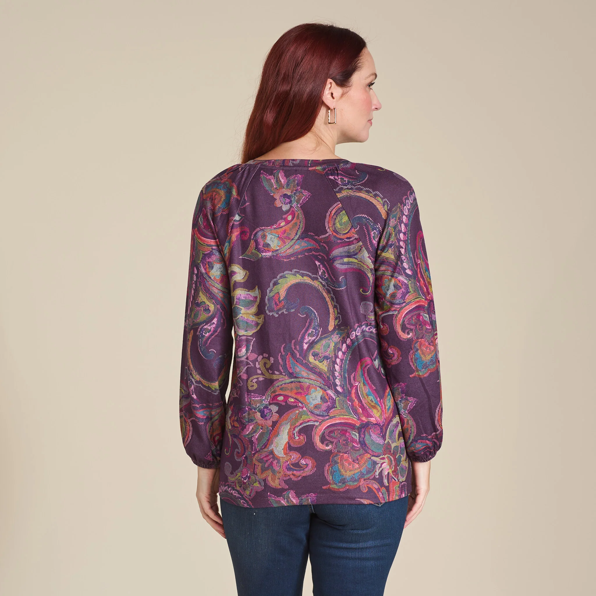 Paisley Print Long Sleeve V Neck Top - Image 4