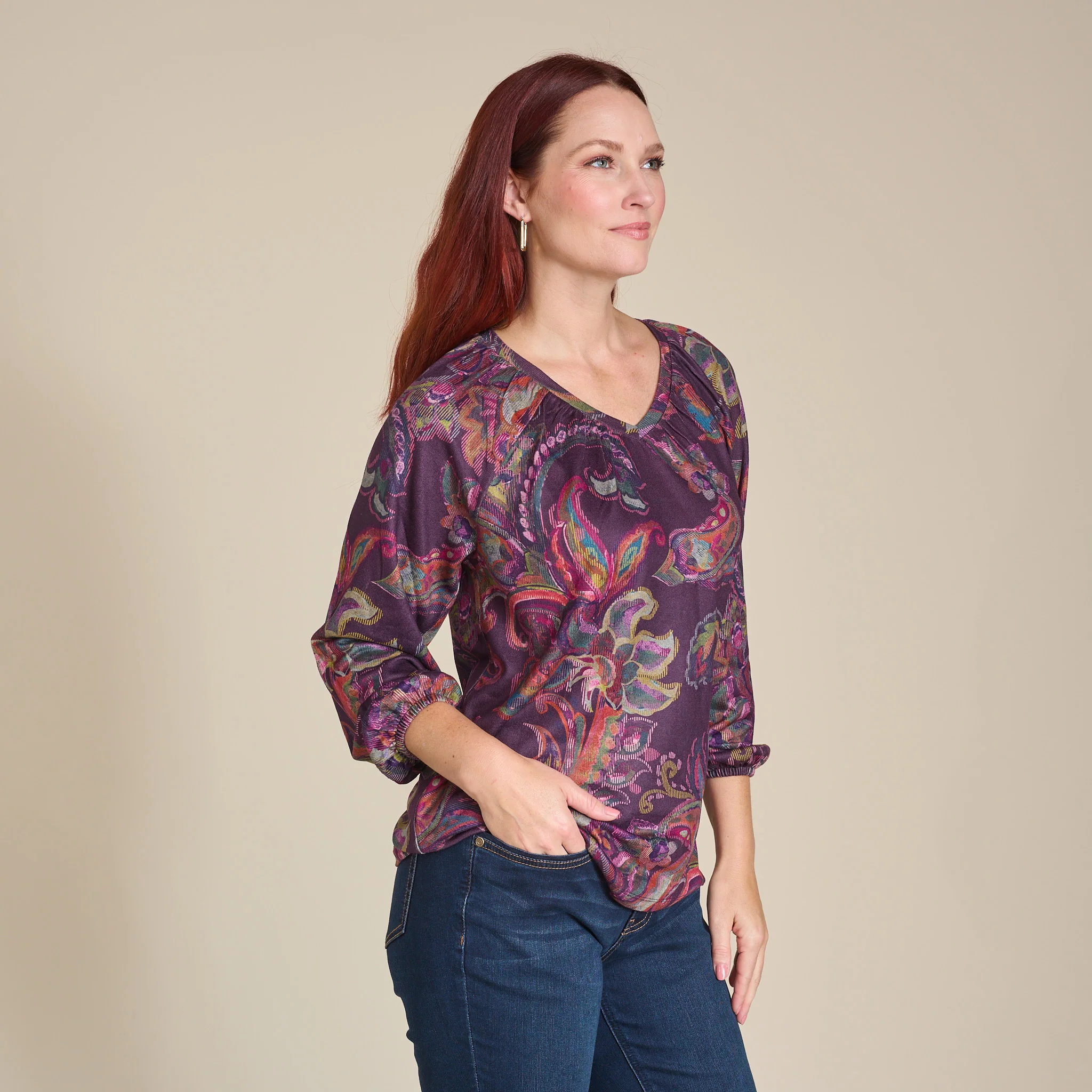 Paisley Print Long Sleeve V Neck Top - Image 5