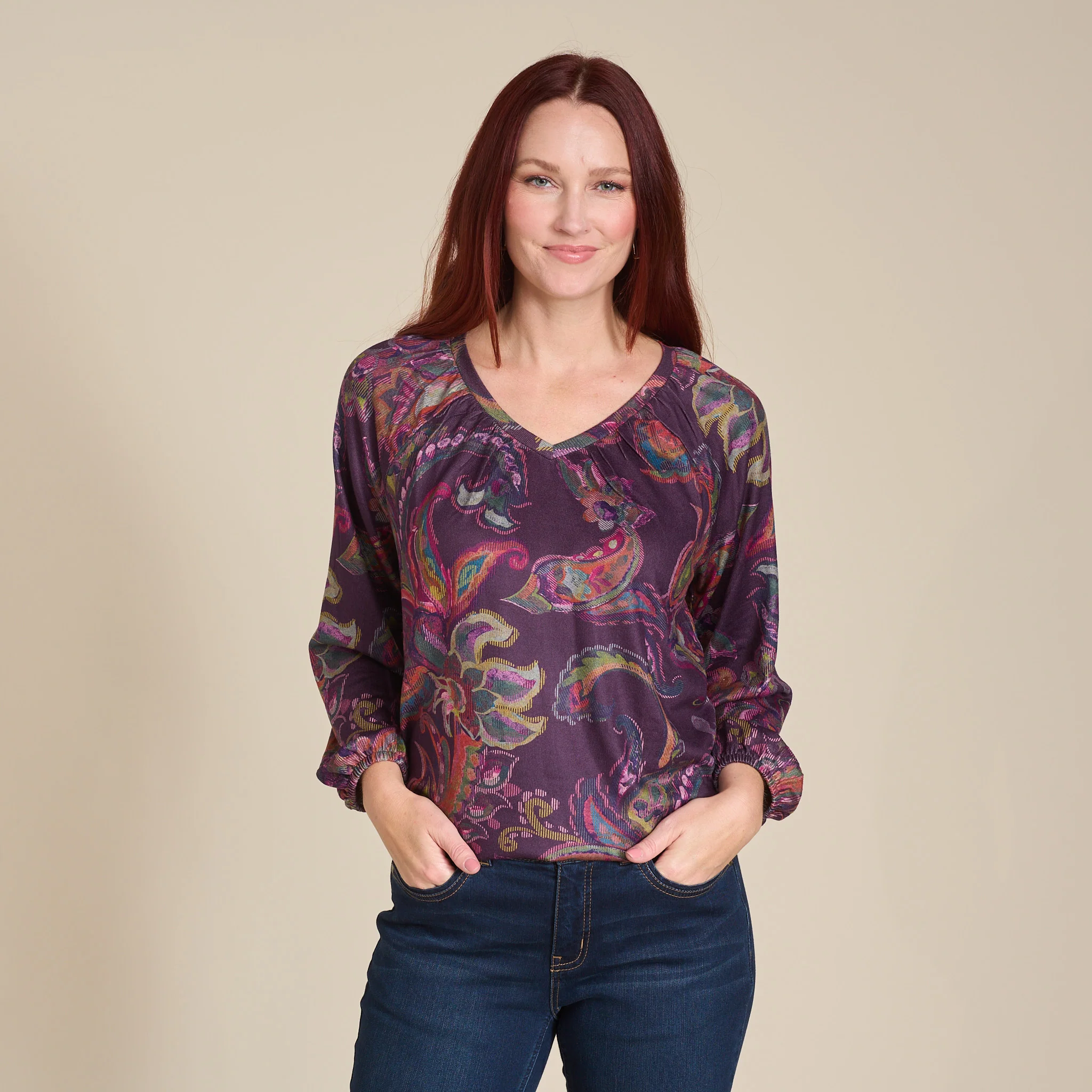 Paisley Print Long Sleeve V Neck Top - Image 6
