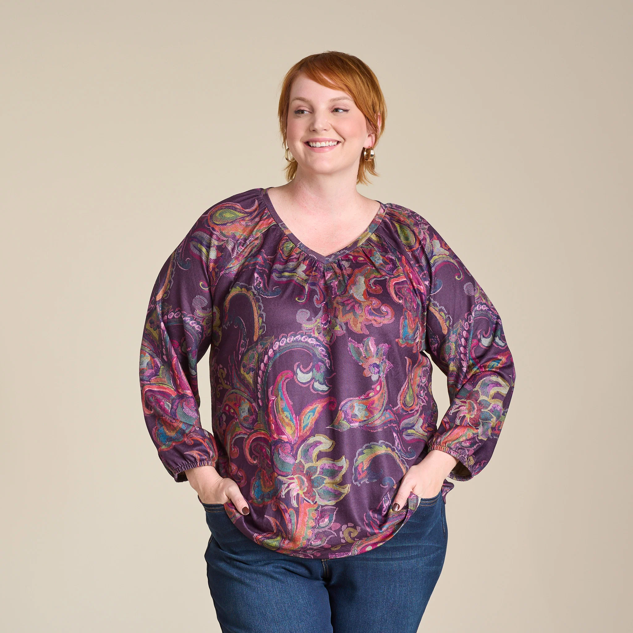 Paisley Print Long Sleeve V Neck Top - Image 7