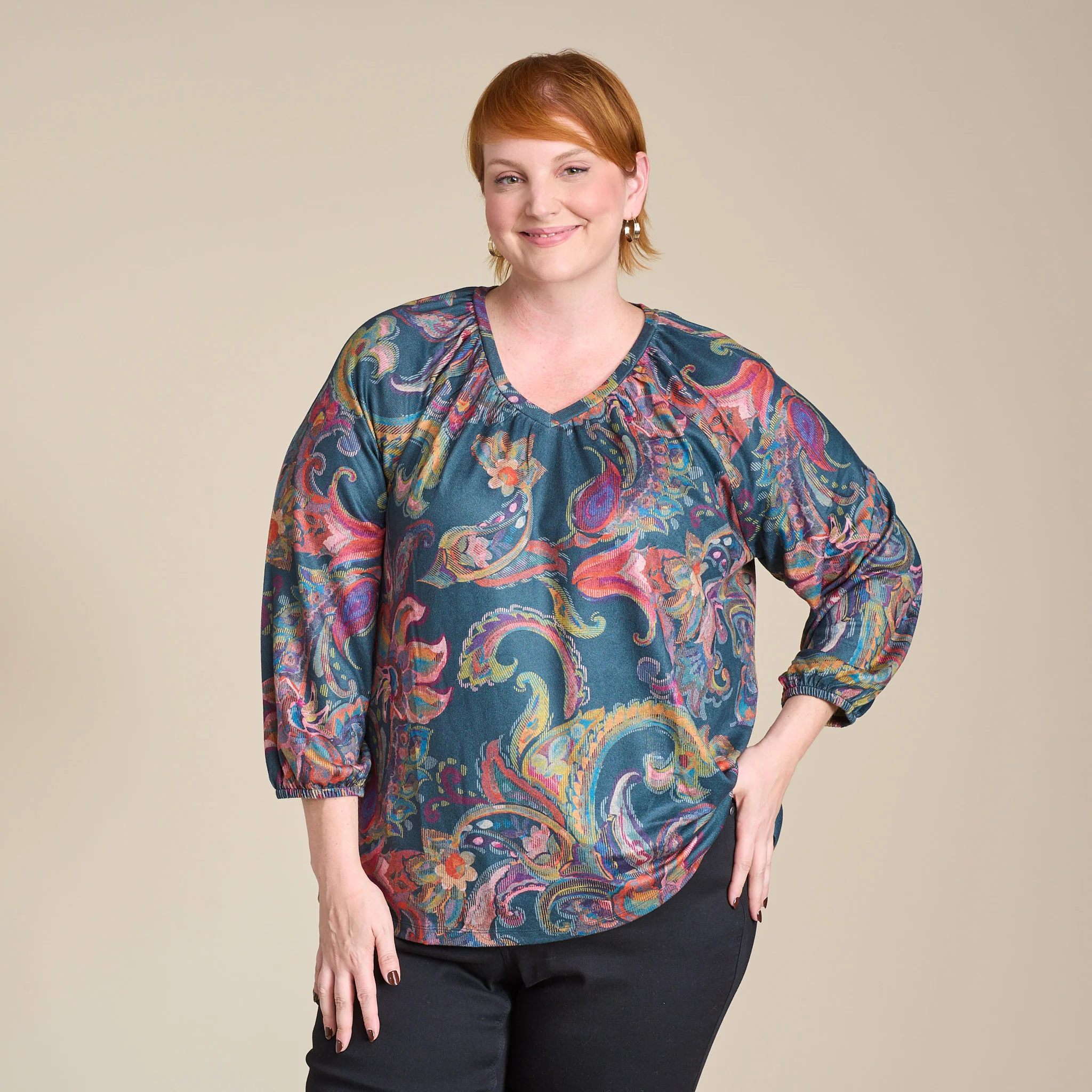 Paisley Print Long Sleeve V Neck Top - Image 8