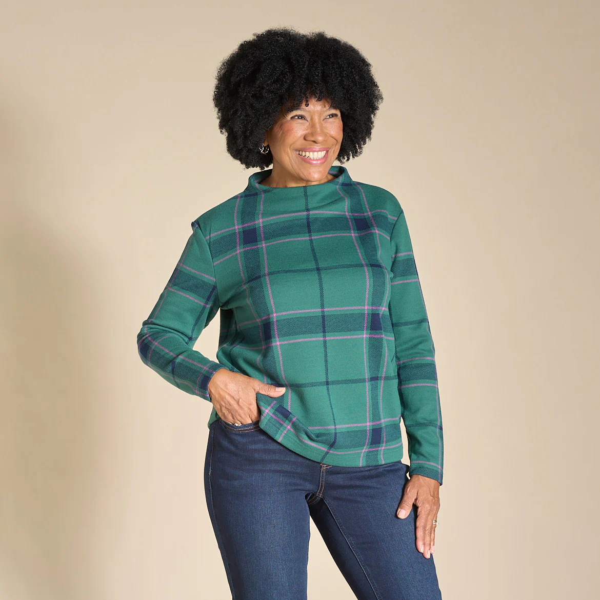 Plaid Long Sleeve Mock Neck Top
