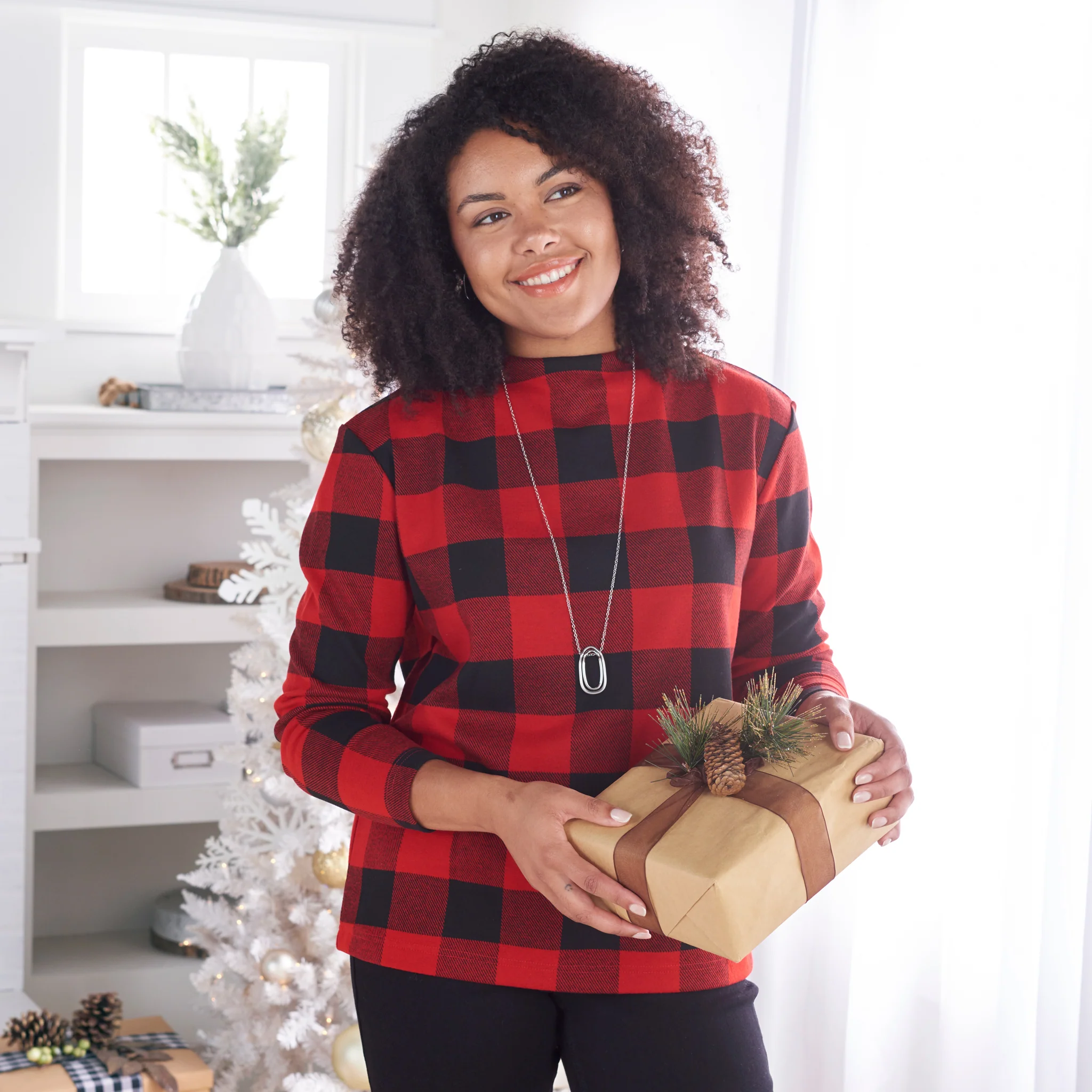 Plaid Long Sleeve Mock Neck Top - Image 2