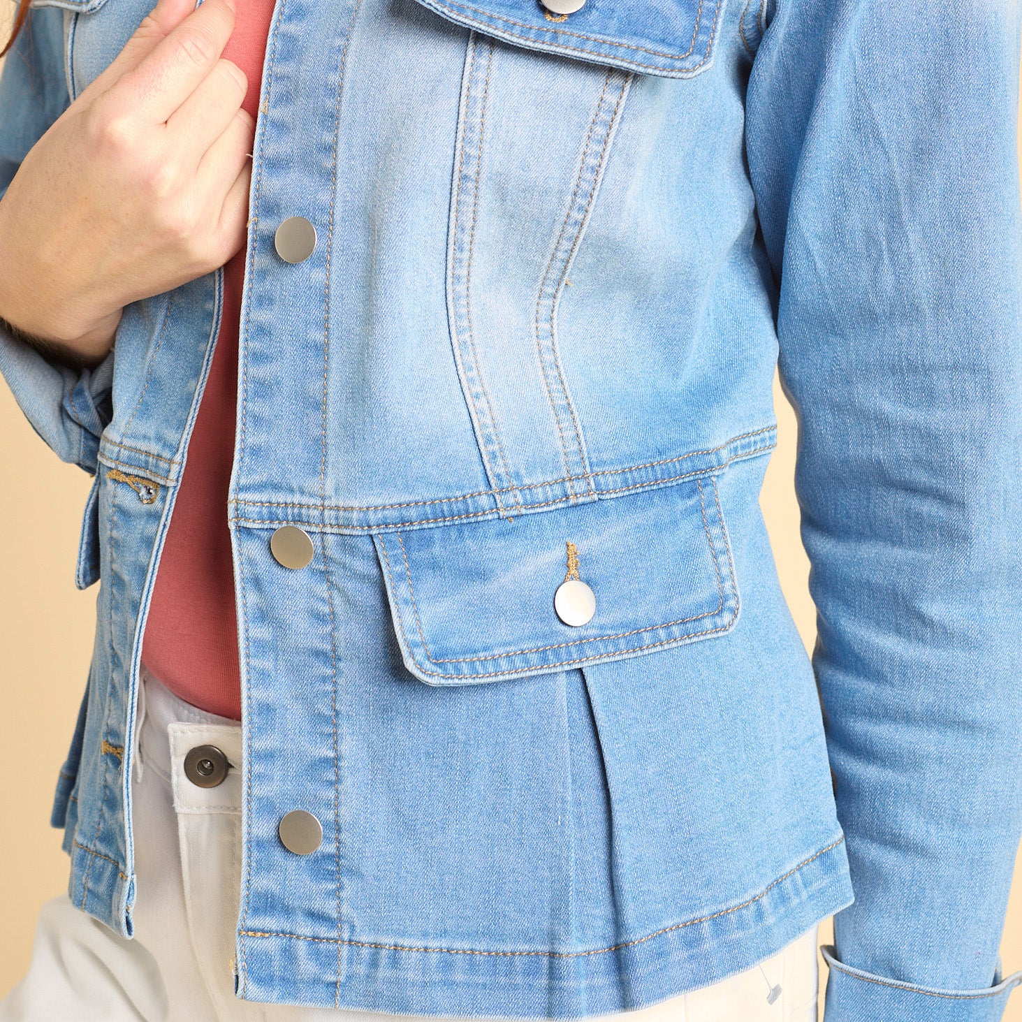 Pleated Peplum Button Front Denim Jacket - Image 4