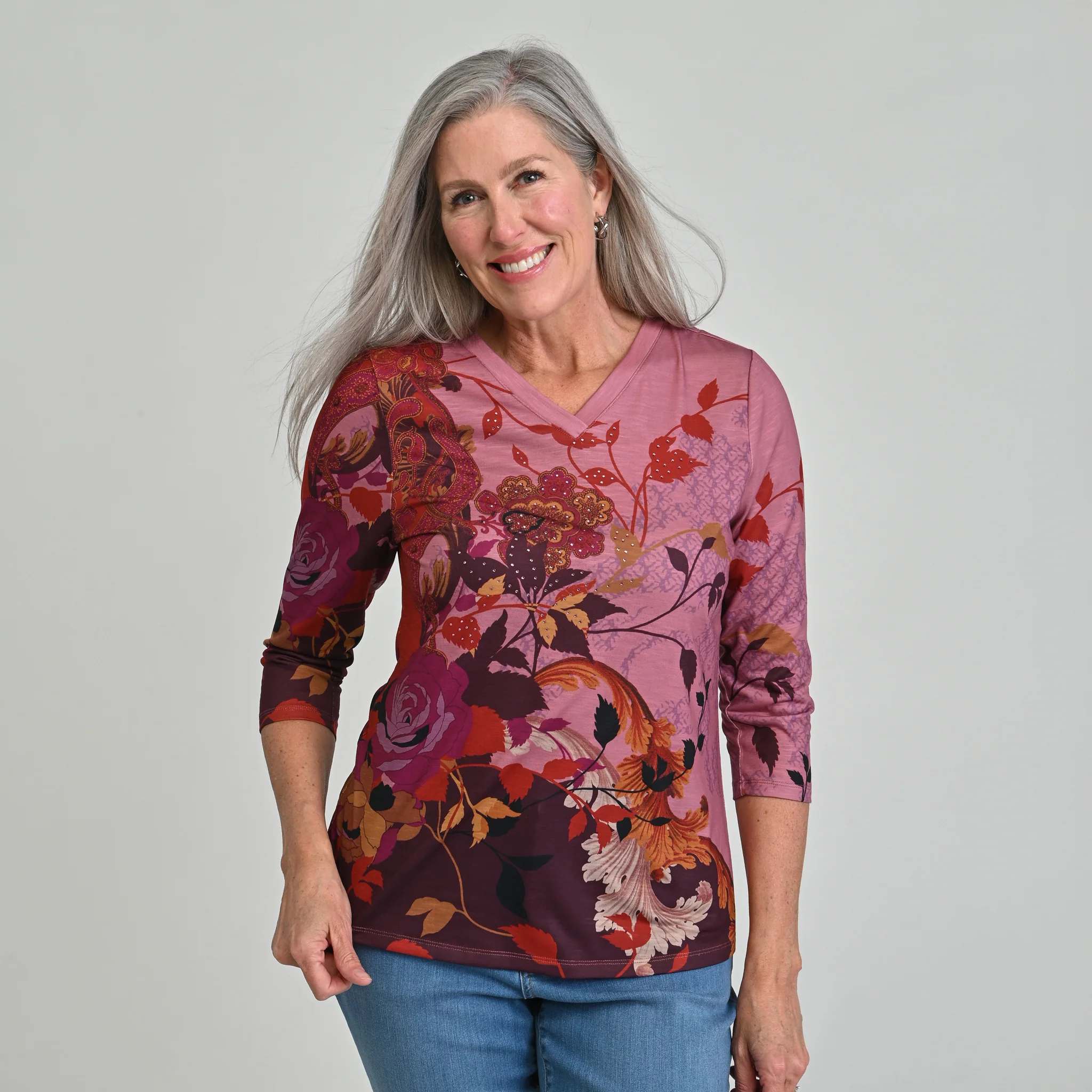 Printed 3/4 Sleeve V Neck Top