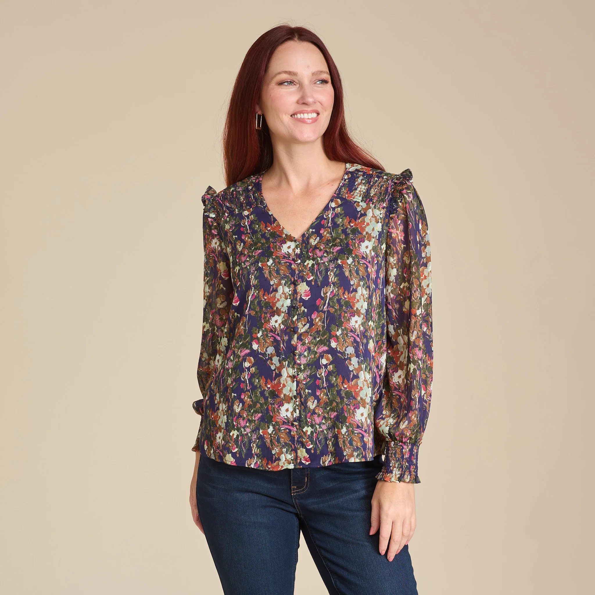 Abstract Printed Button Detail Feminine Ruffle Blouse - Image 6