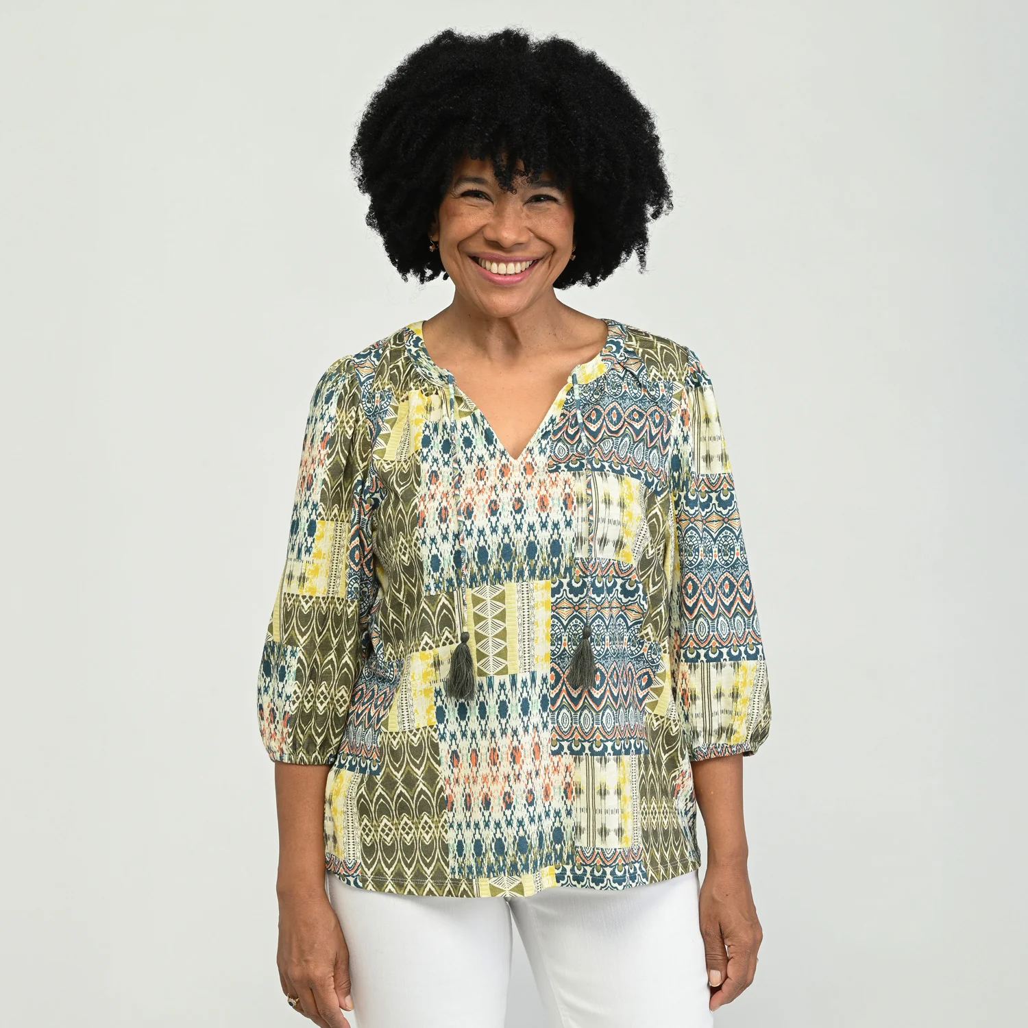 Printed Tie Neck 3/4 Sleeve Top