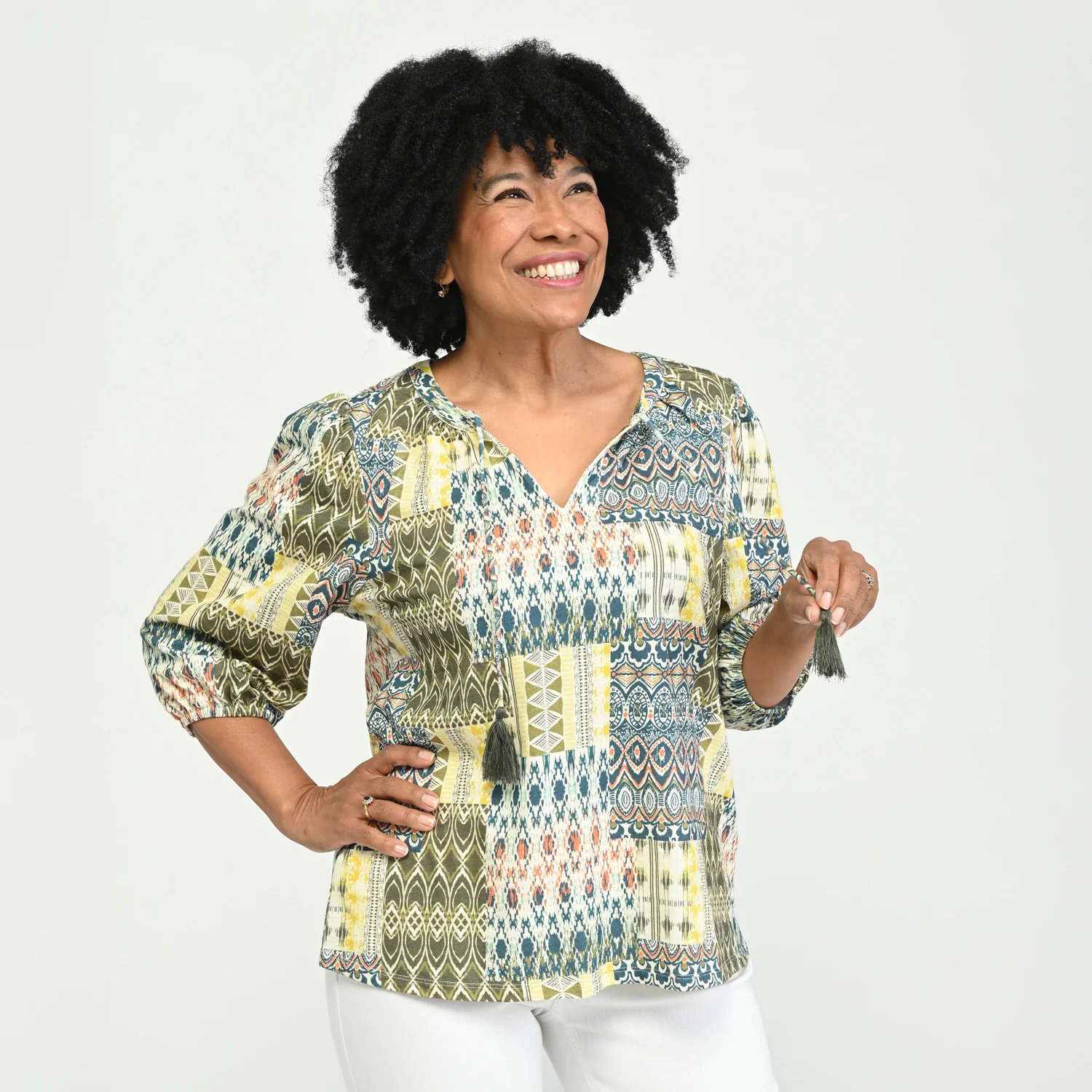 Printed Tie Neck 3/4 Sleeve Top - Image 2