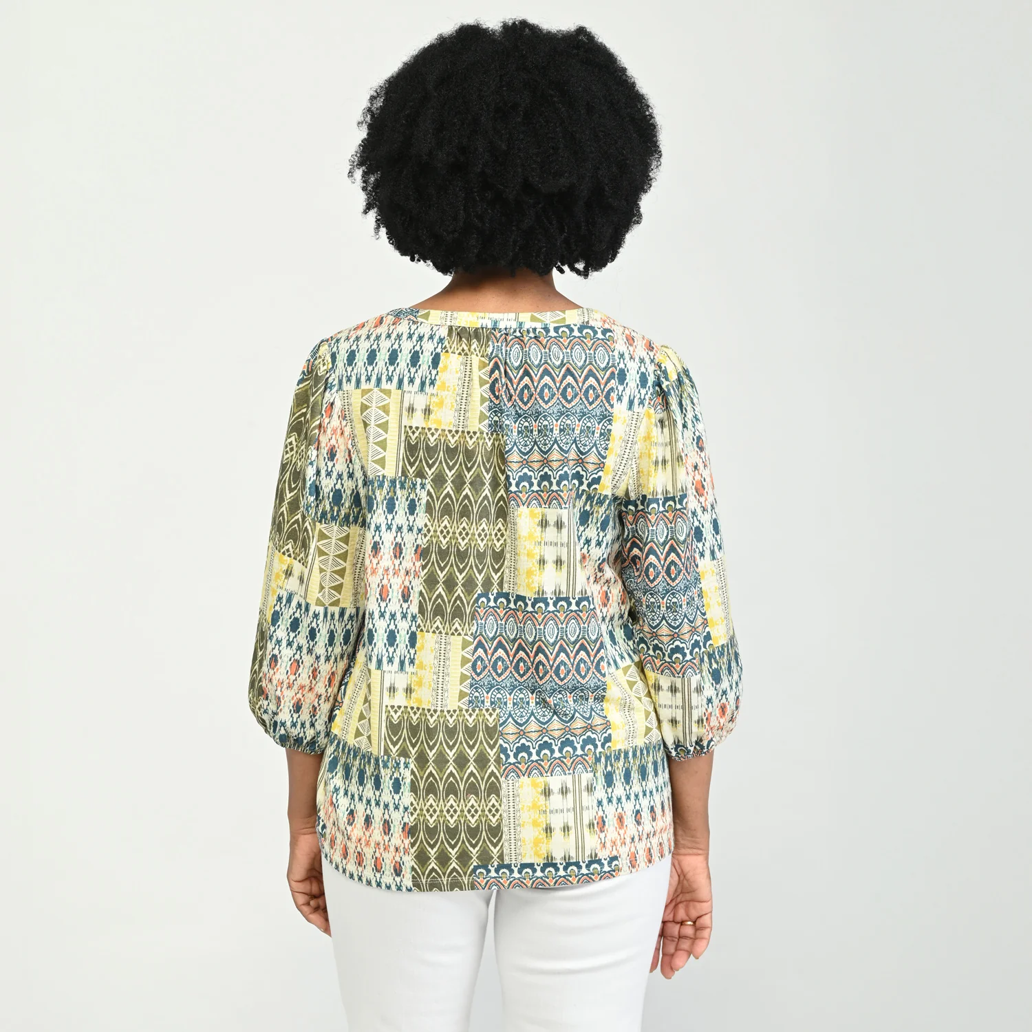 Printed Tie Neck 3/4 Sleeve Top - Image 3