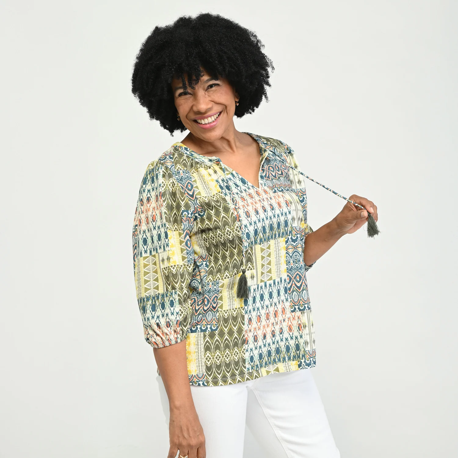 Printed Tie Neck 3/4 Sleeve Top - Image 4
