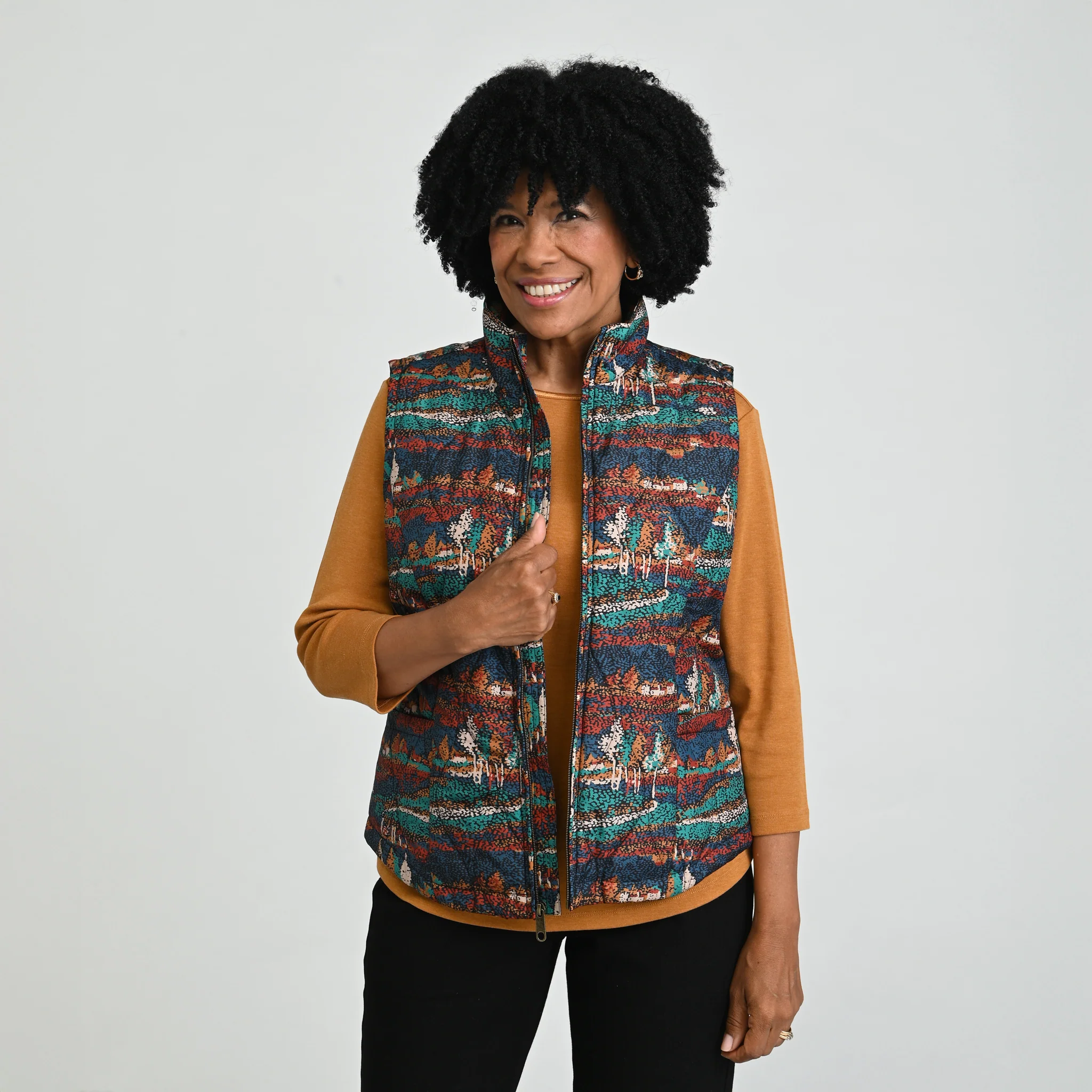 Quilted Scenic Zip Front Printed Vest