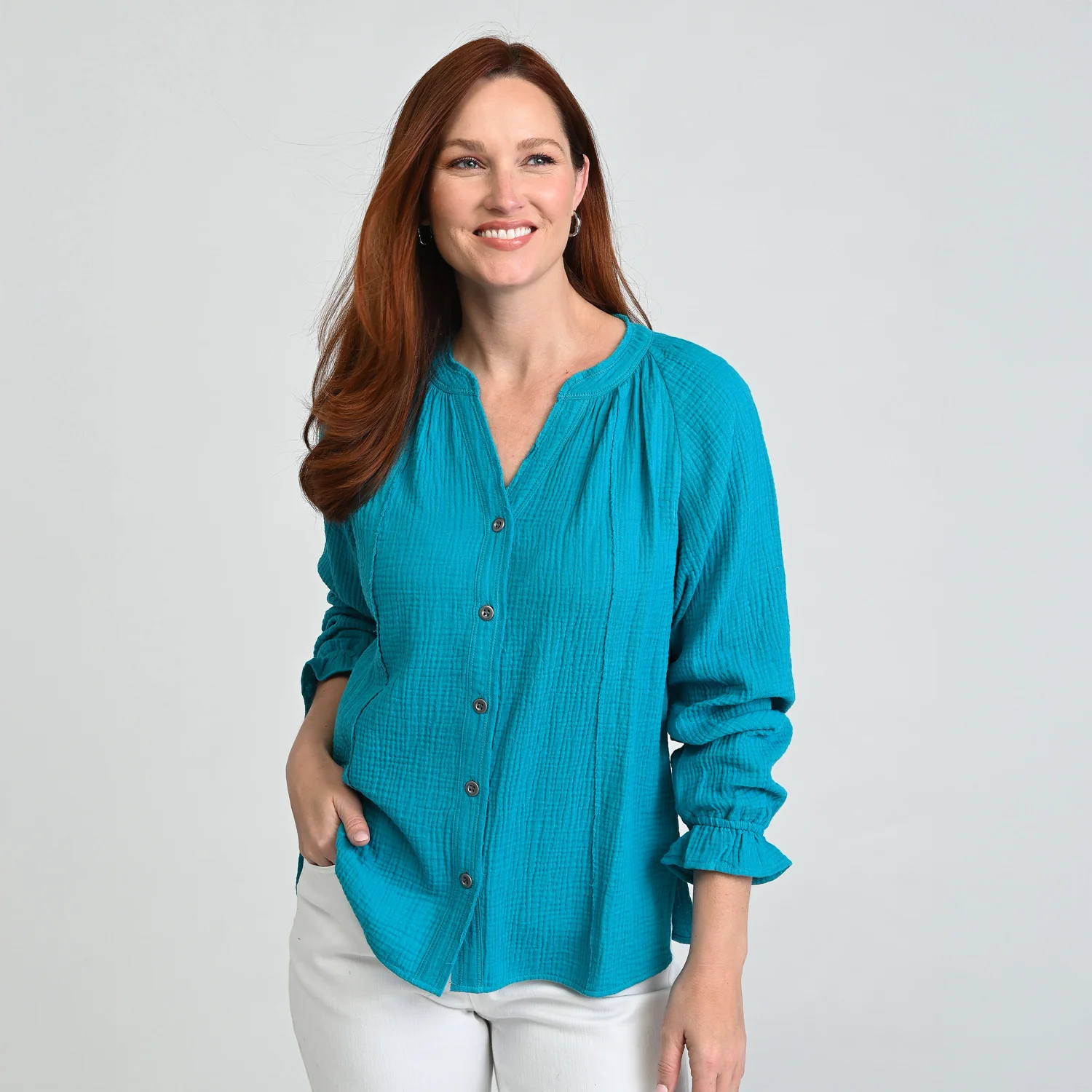 Raw Edge Y Neck Button Front Shirt - Image 4
