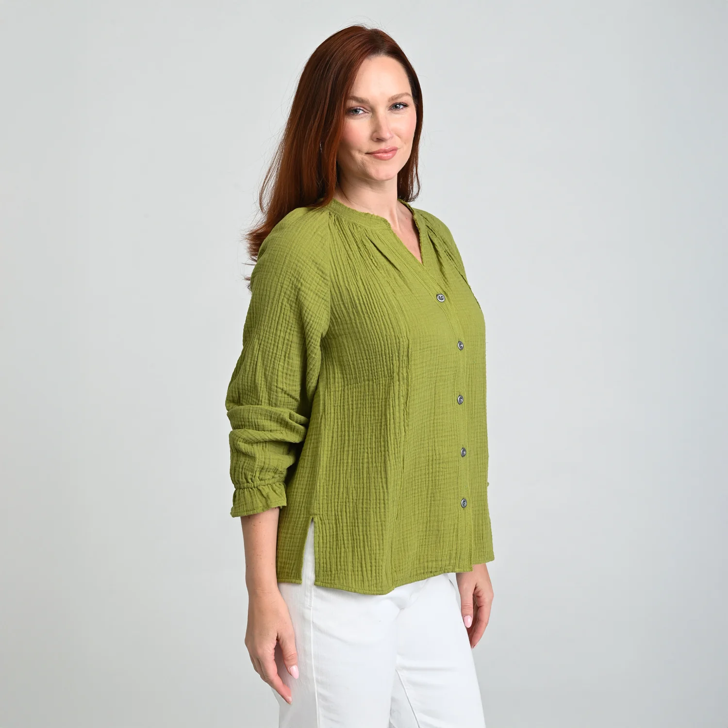 Raw Edge Y Neck Button Front Shirt - Image 7