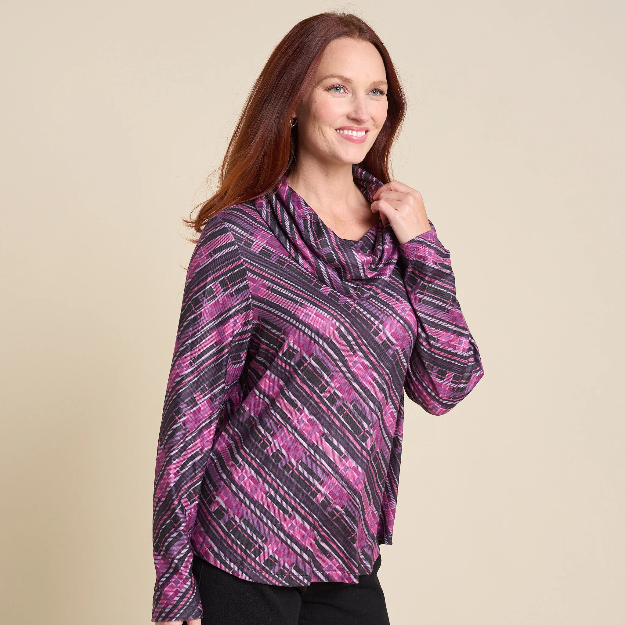 Relaxed Restyled Plaid Print Cowl Neck Tunic - Image 5