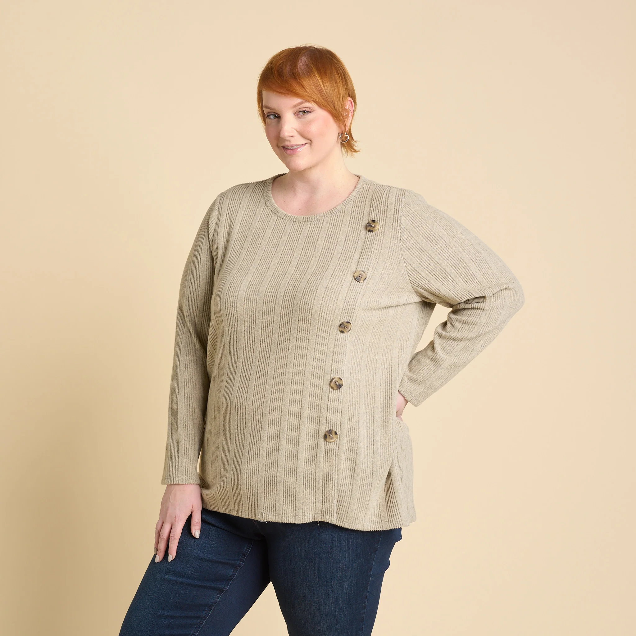 Rib Knit Button Detail Long Sleeve Tee - Image 12