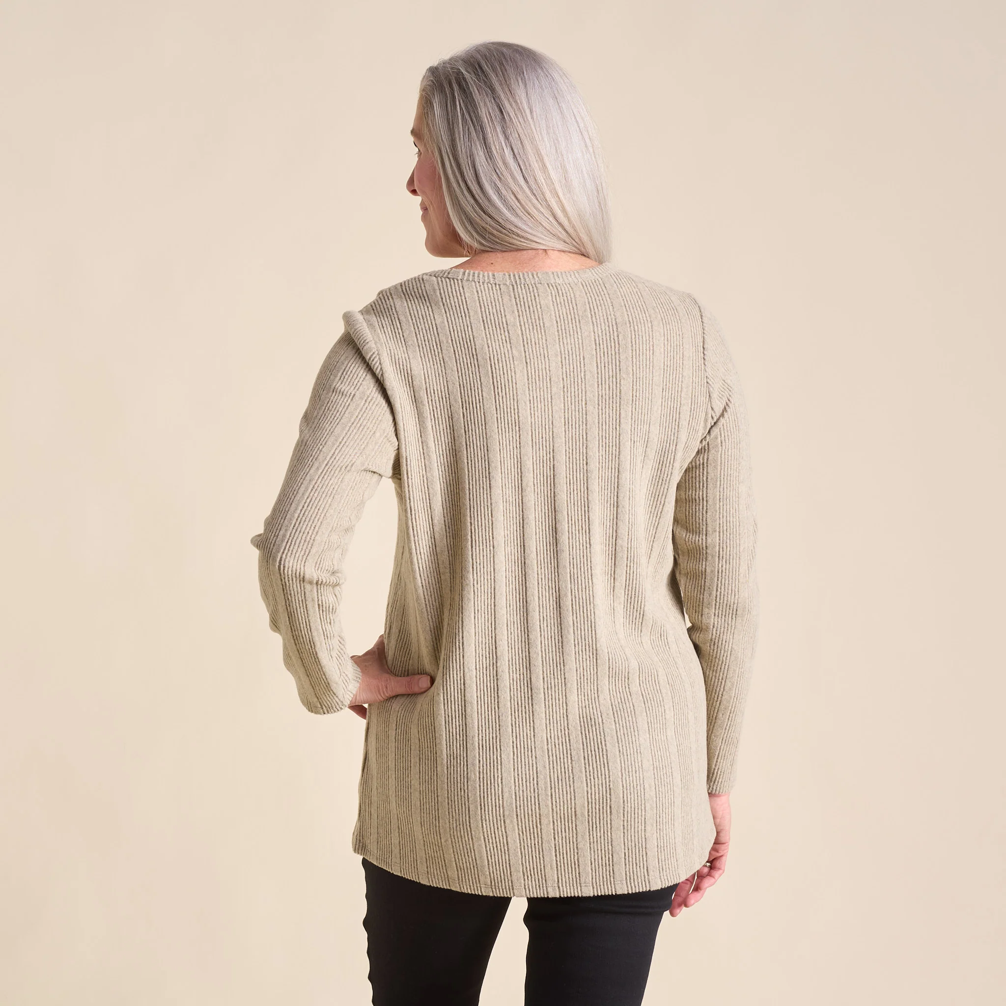 Rib Knit Button Detail Long Sleeve Tee - Image 3