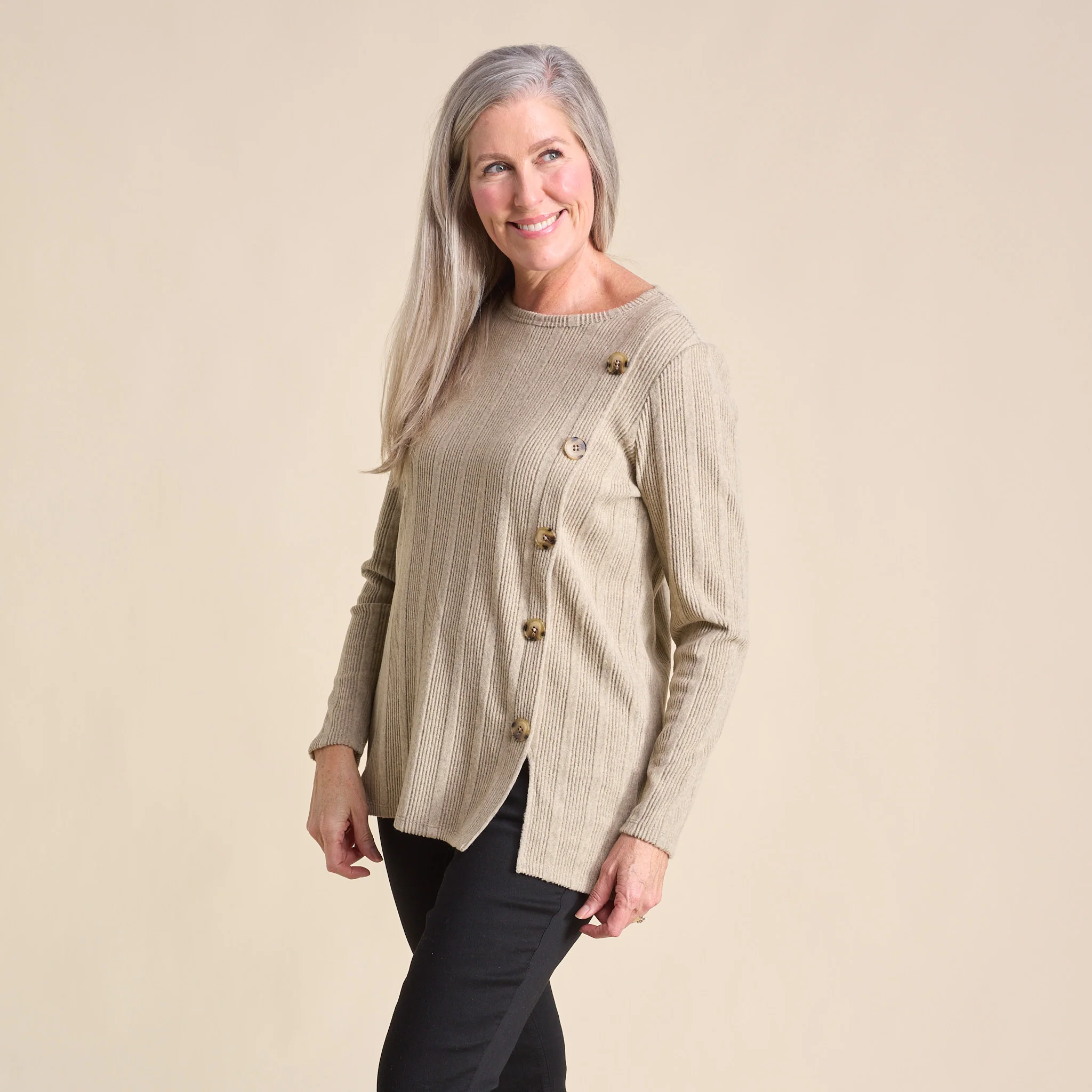 Rib Knit Button Detail Long Sleeve Tee - Image 4