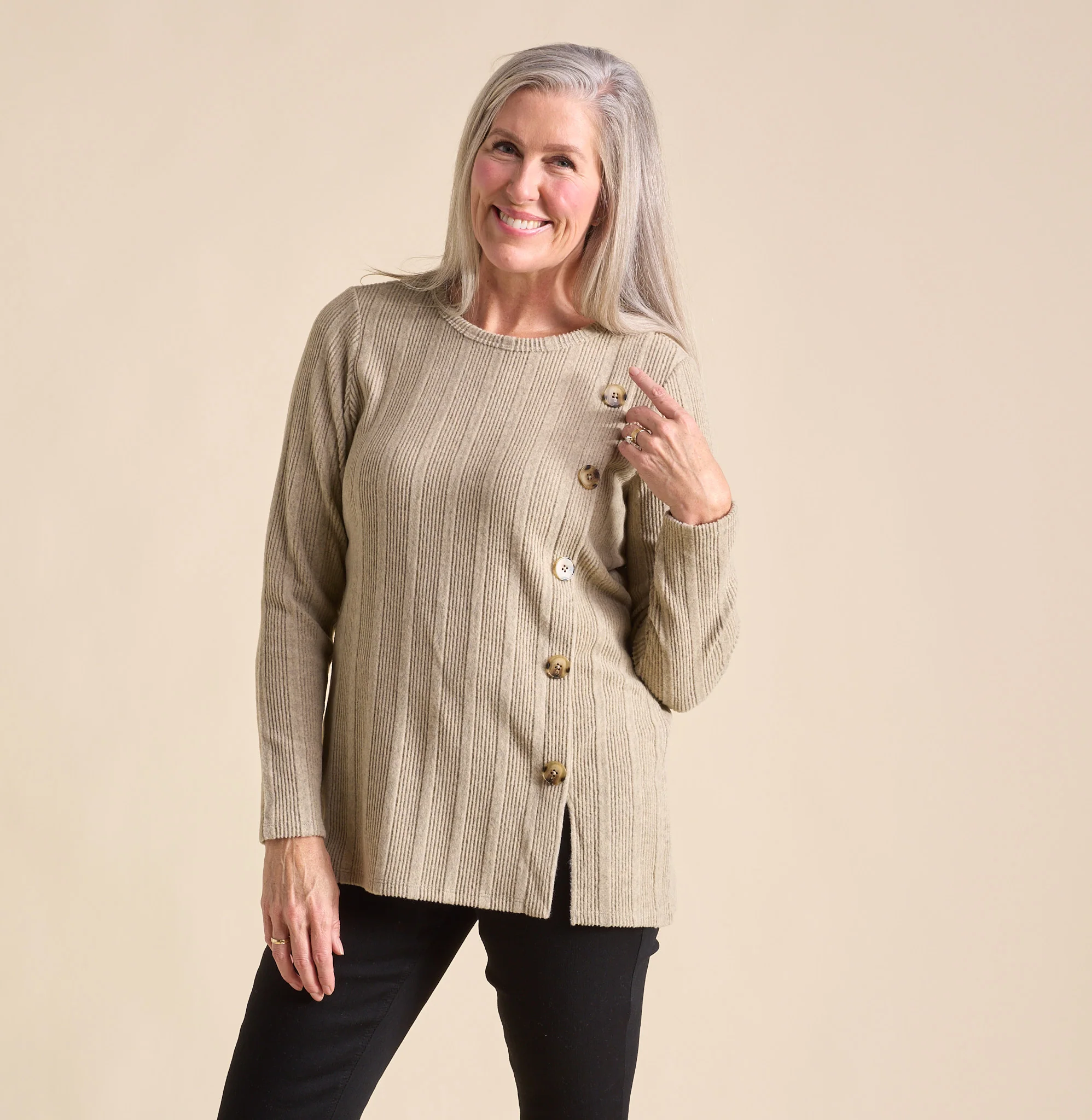 Rib Knit Button Detail Long Sleeve Tee - Image 5