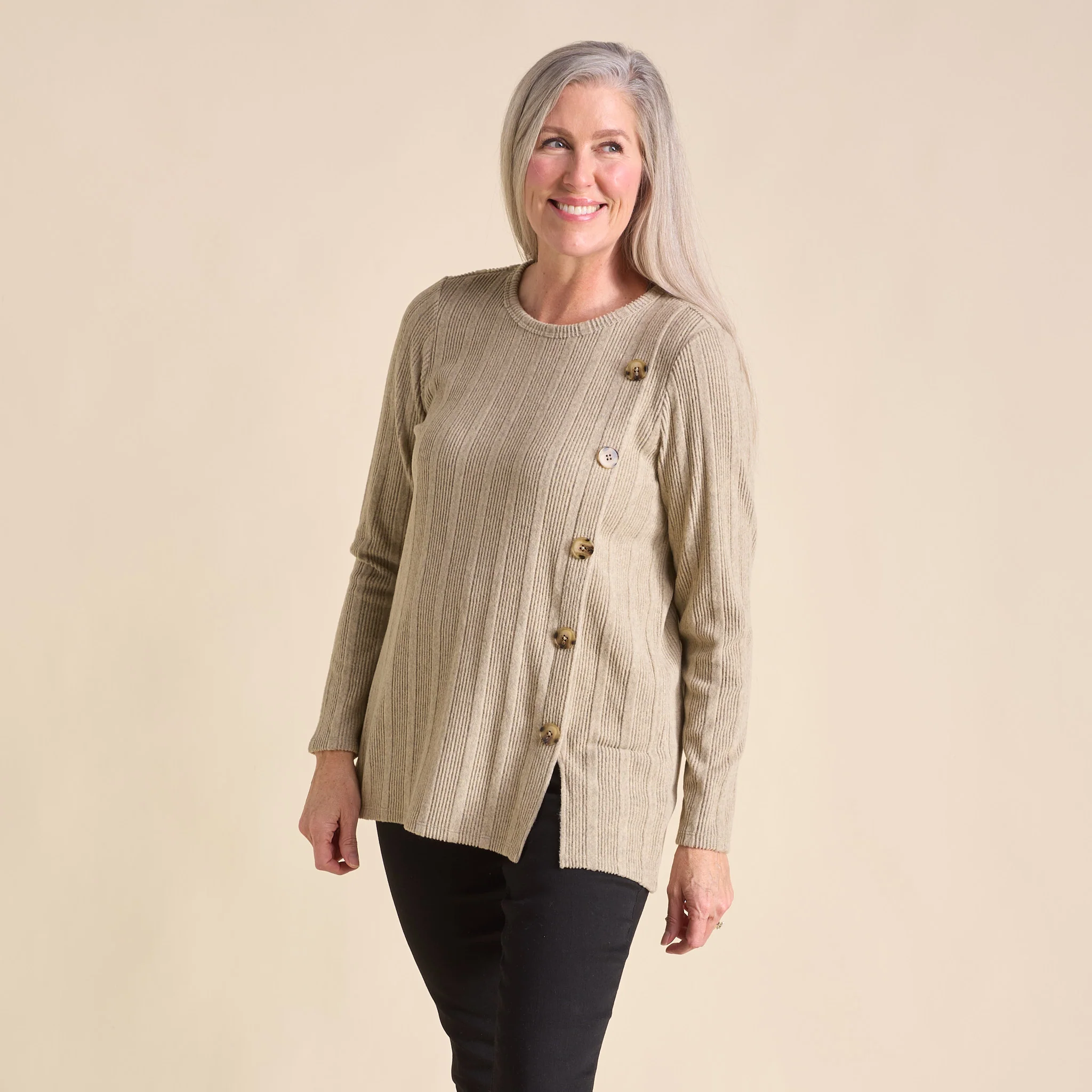 Rib Knit Button Detail Long Sleeve Tee - Image 6
