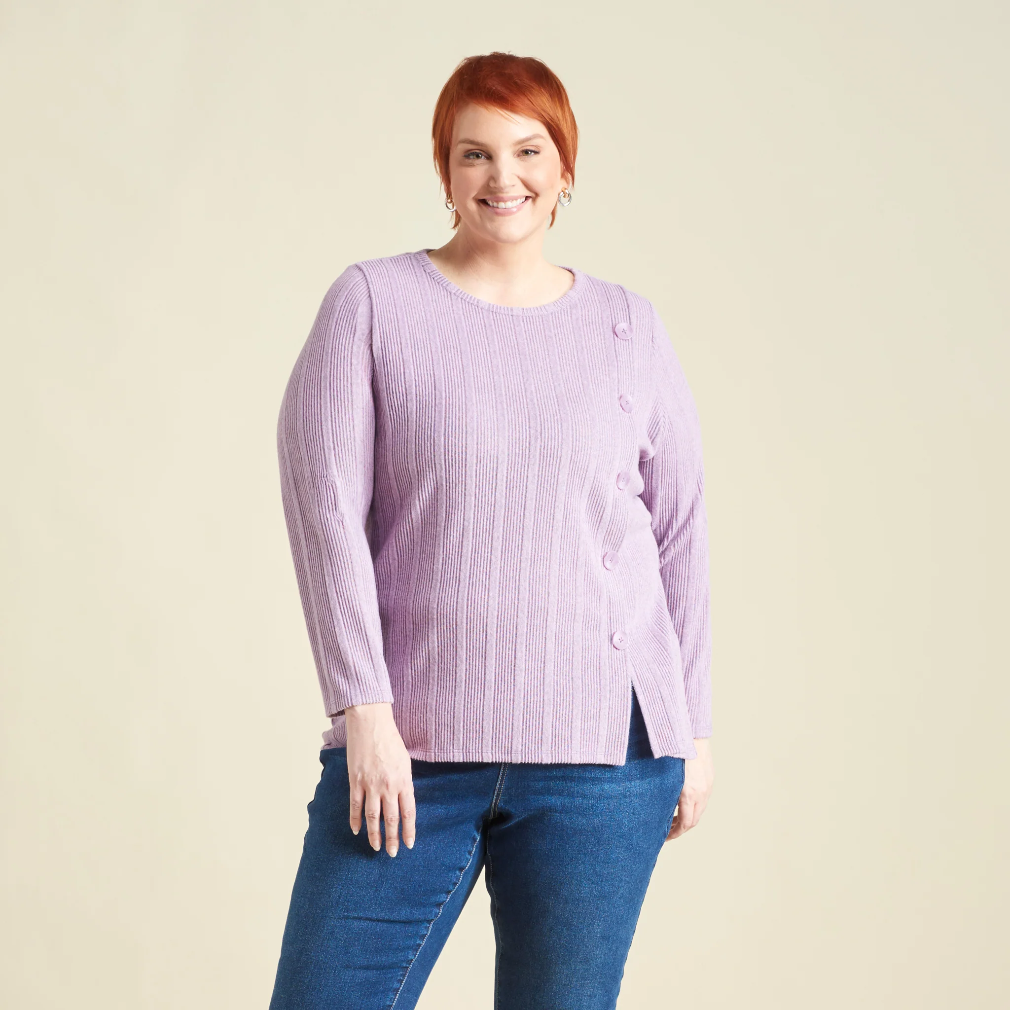 Rib Knit Button Detail Long Sleeve Tee - Image 7