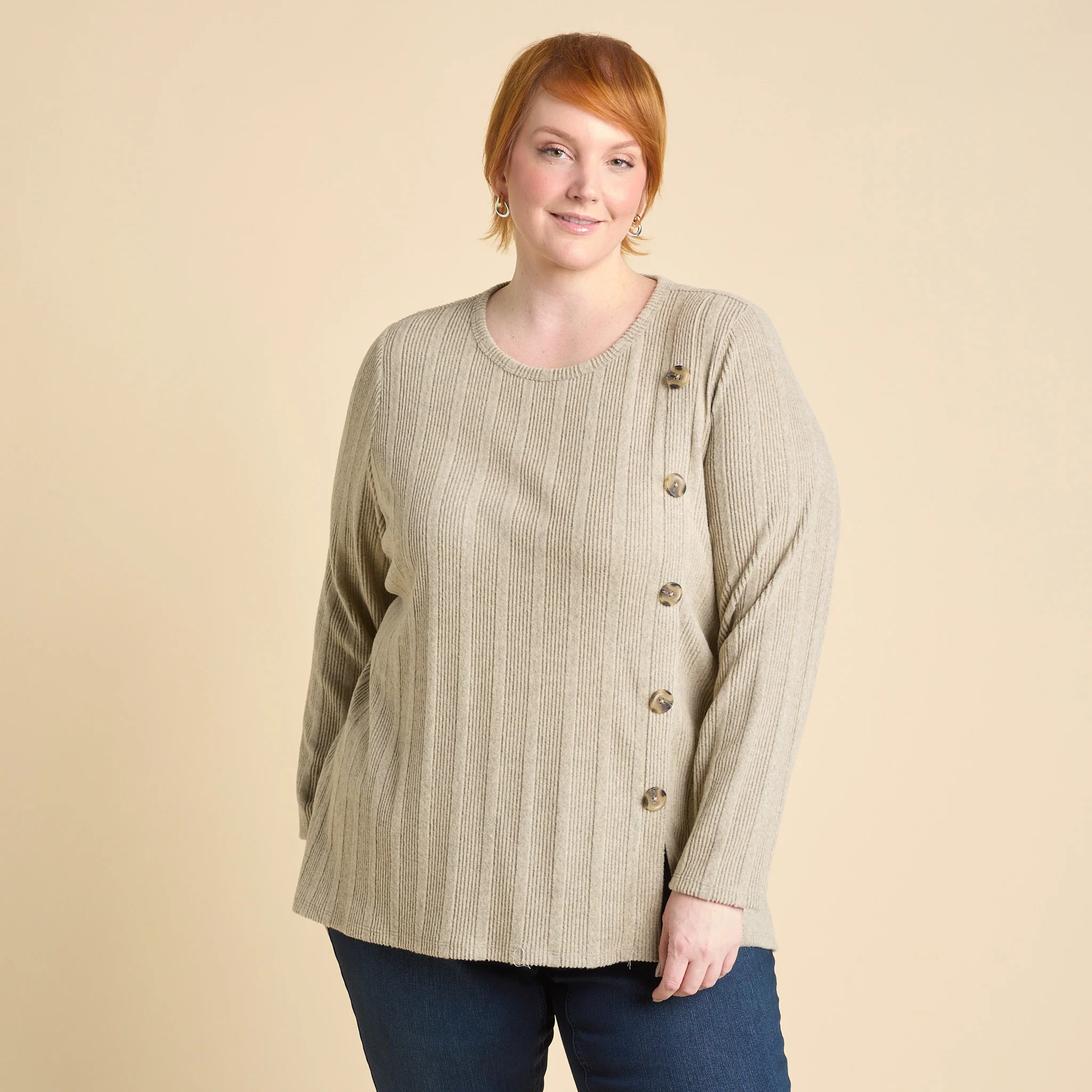 Rib Knit Button Detail Long Sleeve Tee - Image 8