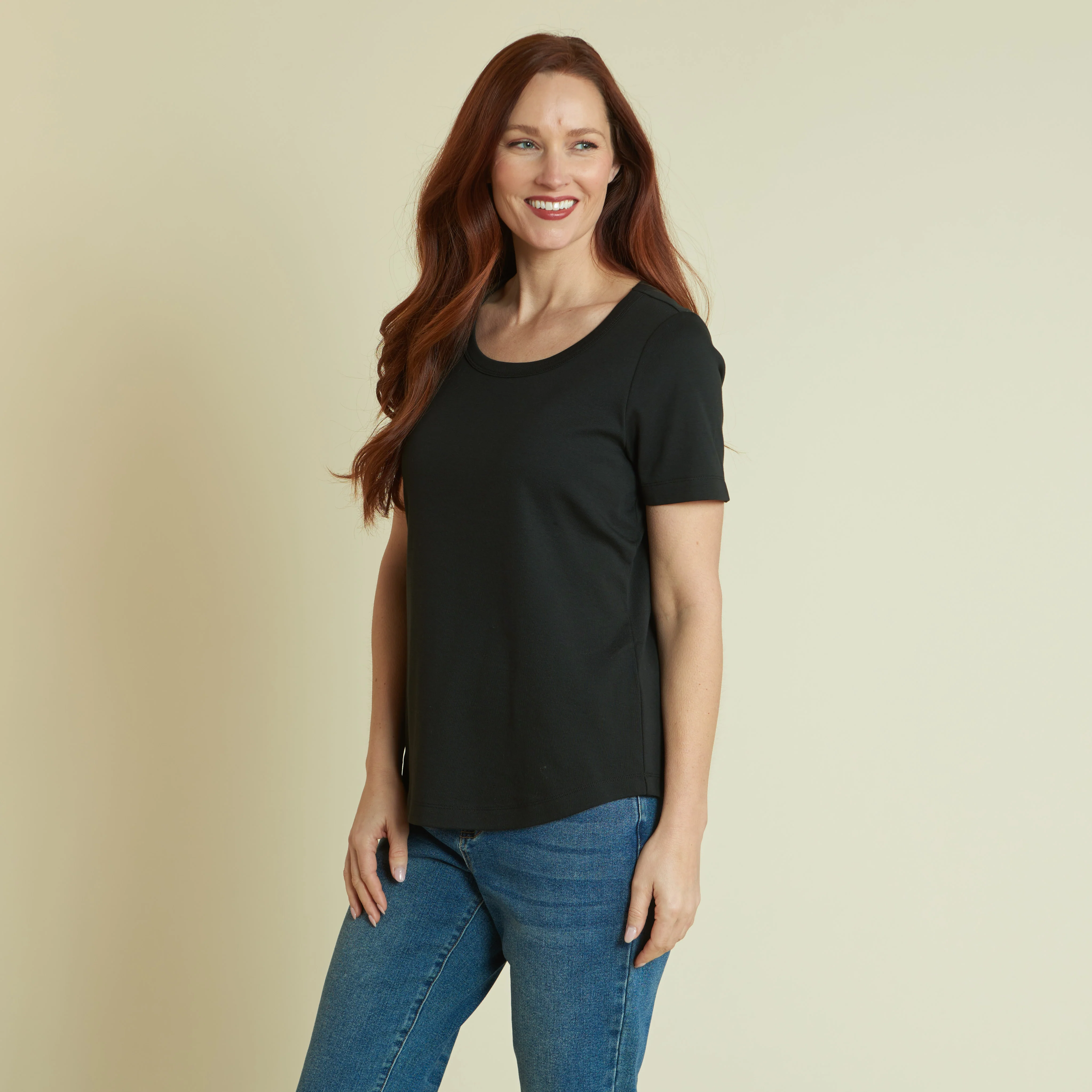 Short Sleeve Wide Trim Jewel Neck Perfect Tee - Image 12