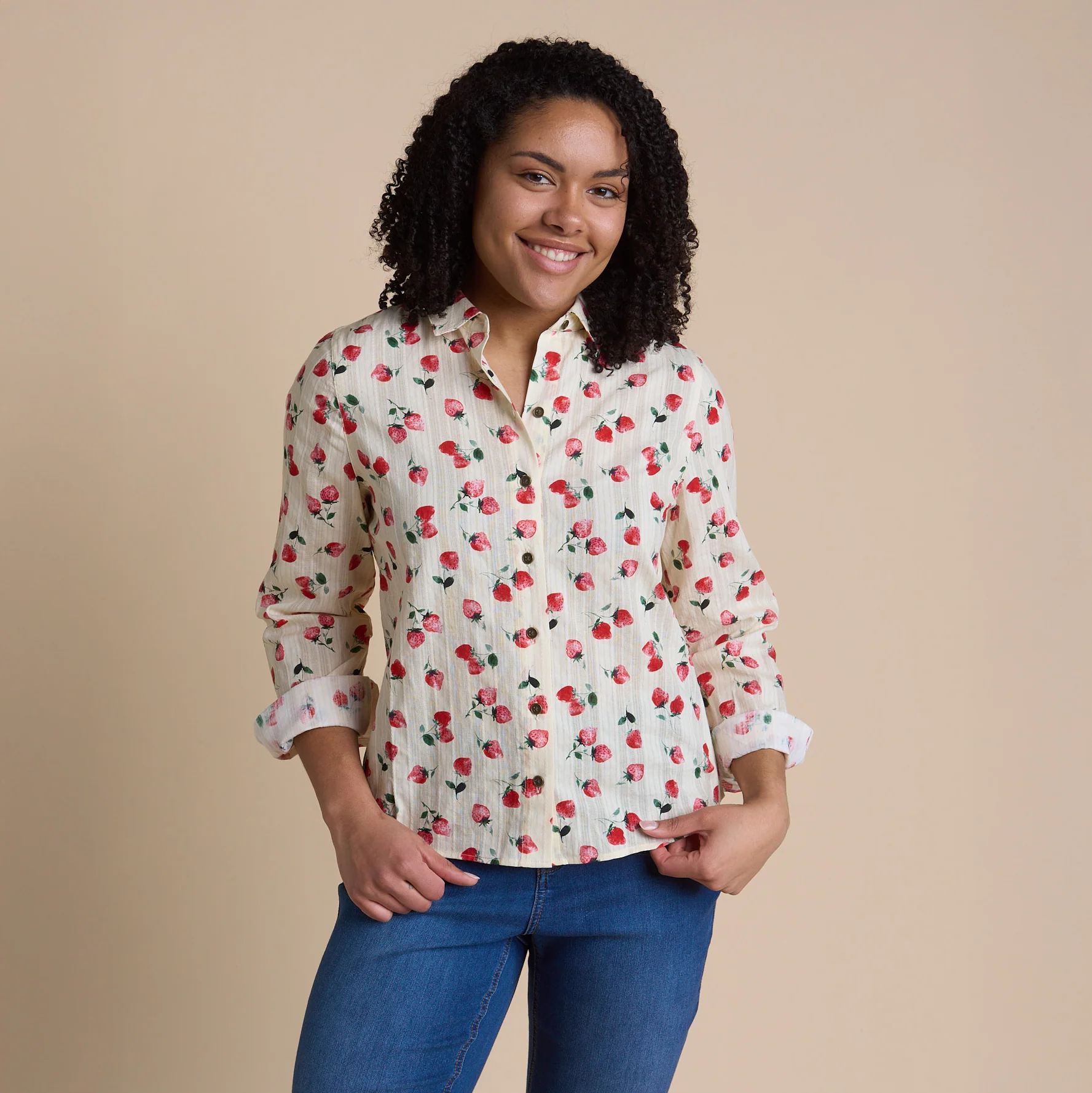 Strawberry Print Textured Button Front Shirt