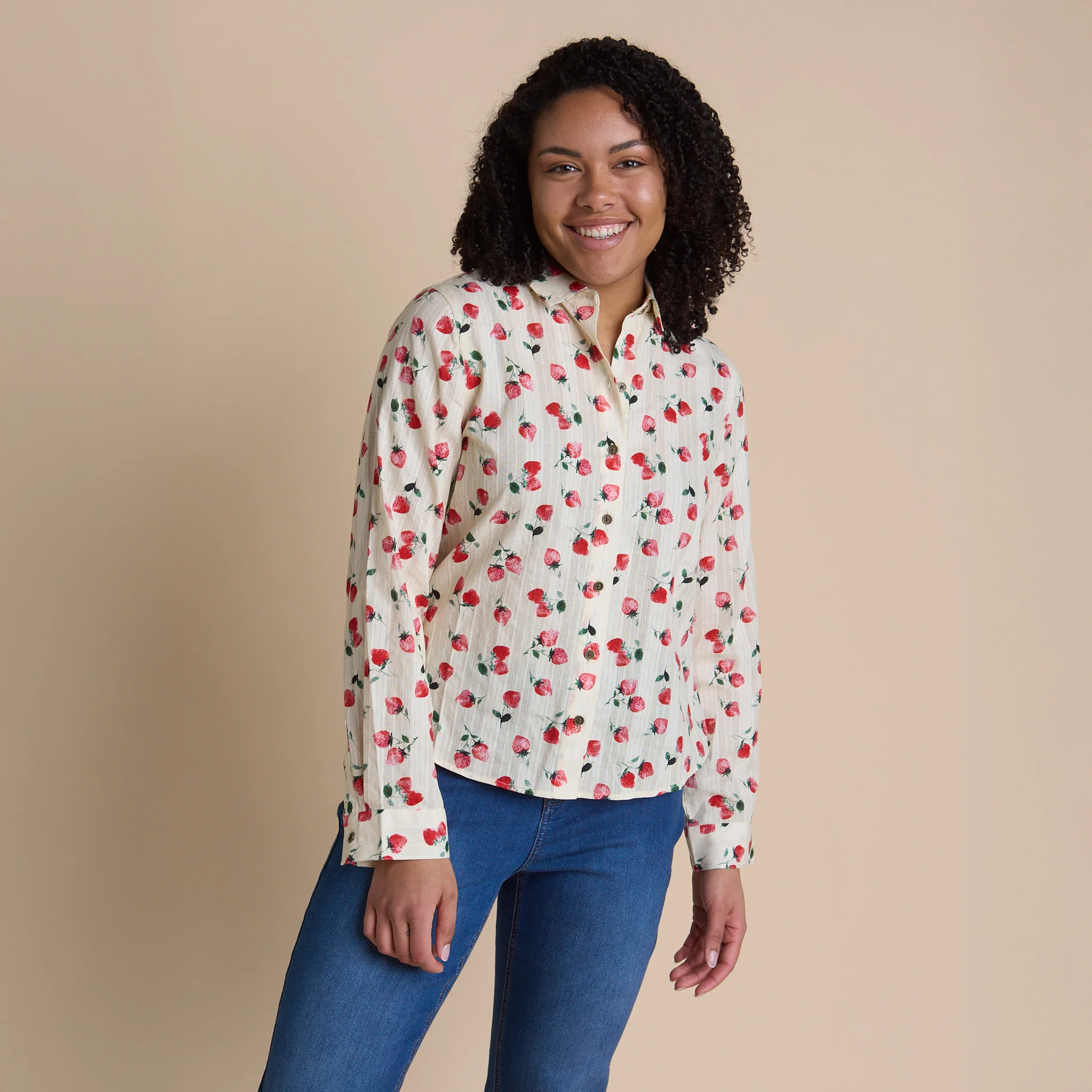 Strawberry Print Textured Button Front Shirt - Image 5