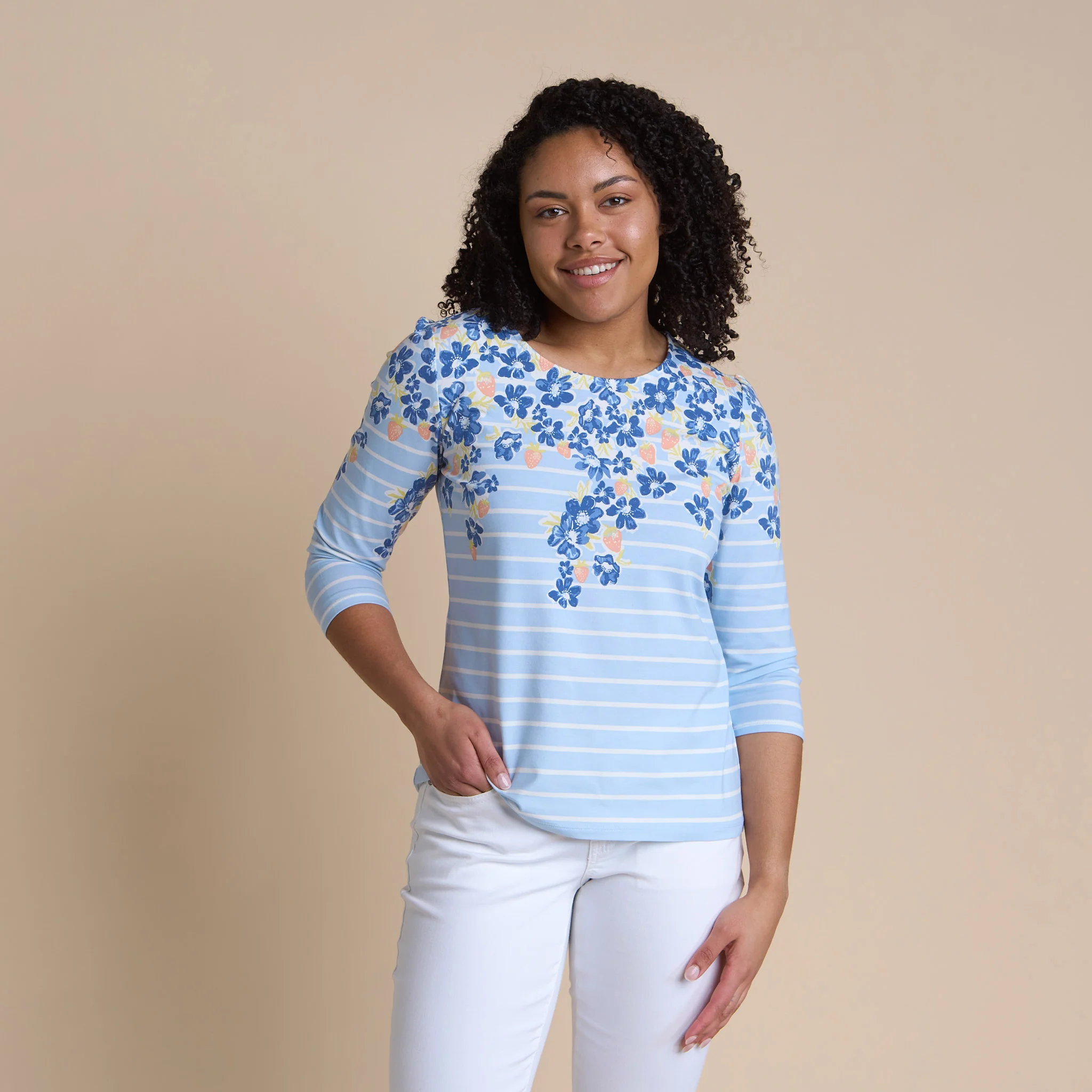 Floral Border Stripe Print 3/4 Sleeve Tee - Image 3
