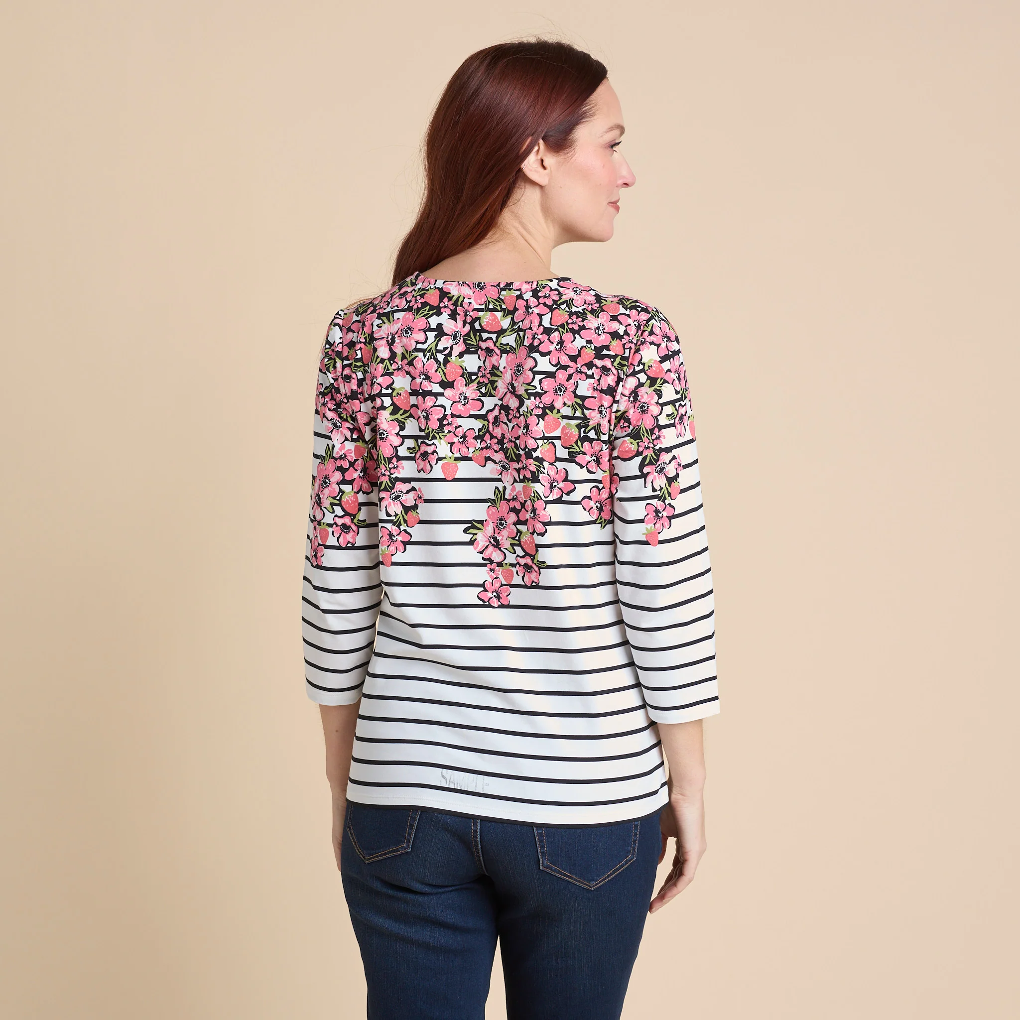 Floral Border Stripe Print 3/4 Sleeve Tee - Image 4