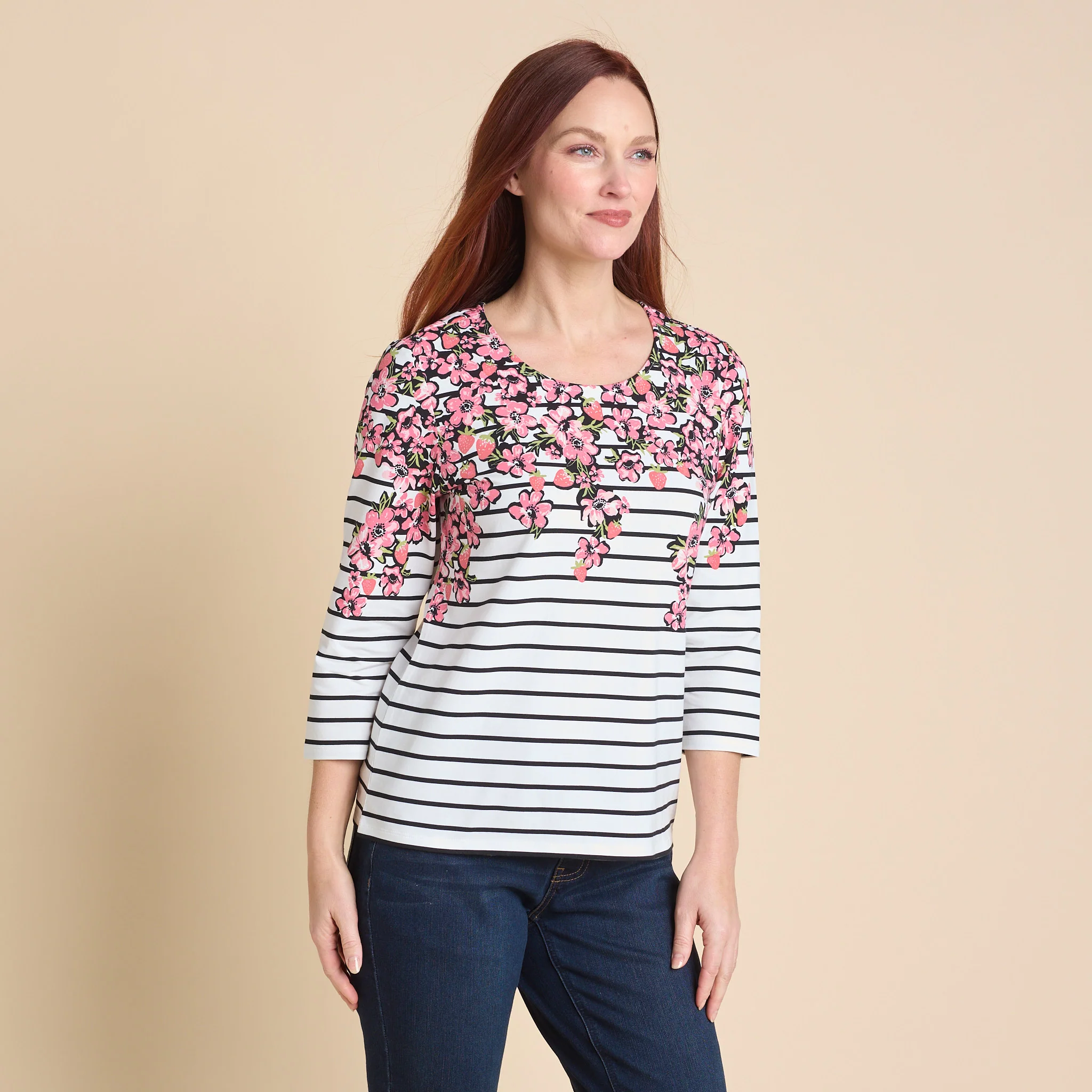 Floral Border Stripe Print 3/4 Sleeve Tee - Image 5