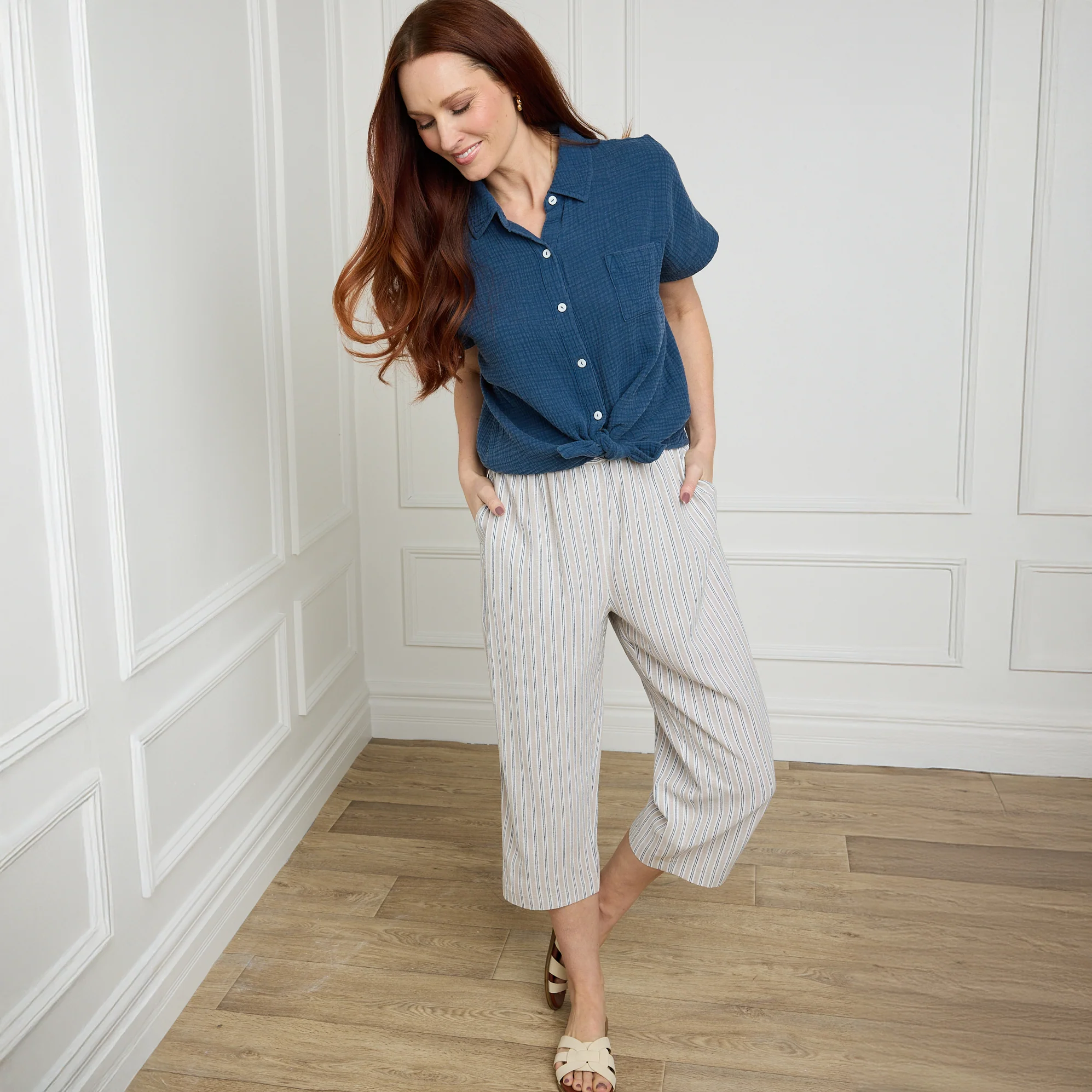 Striped Linen Blend Pull On Capri - Image 4