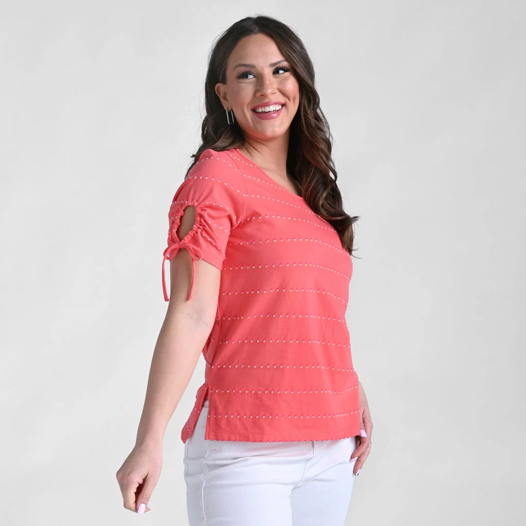 Textured Dot Striped Tie Sleeve Top - Image 3