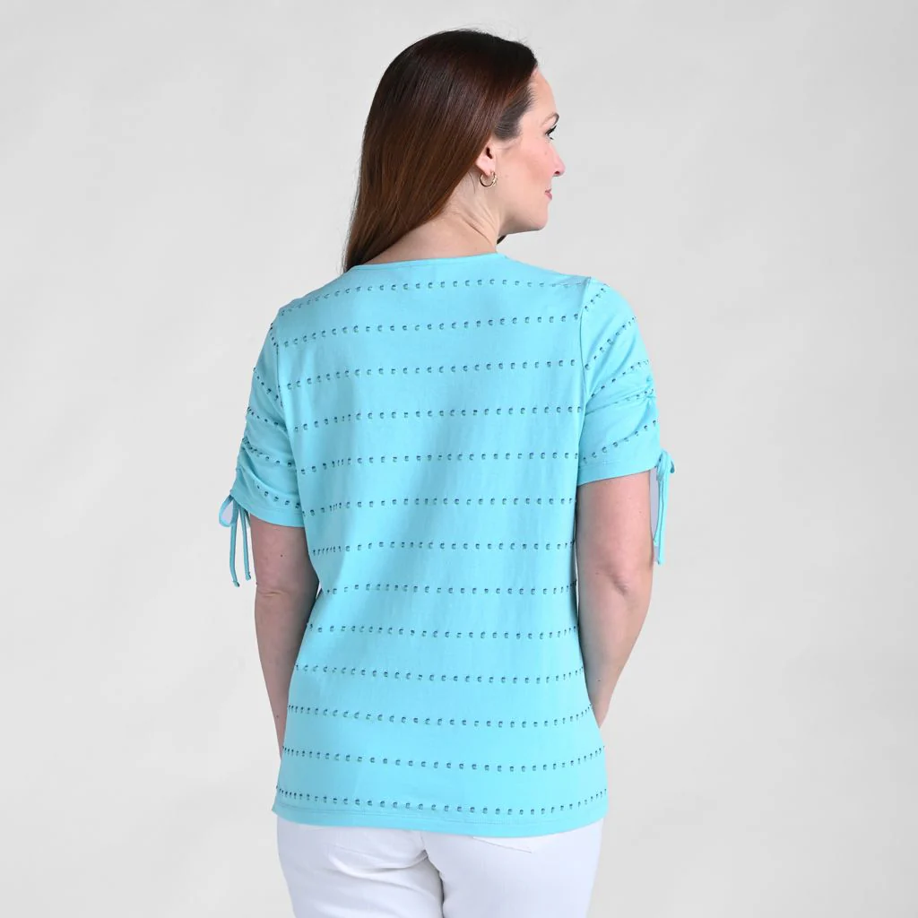 Textured Dot Striped Tie Sleeve Top - Image 5