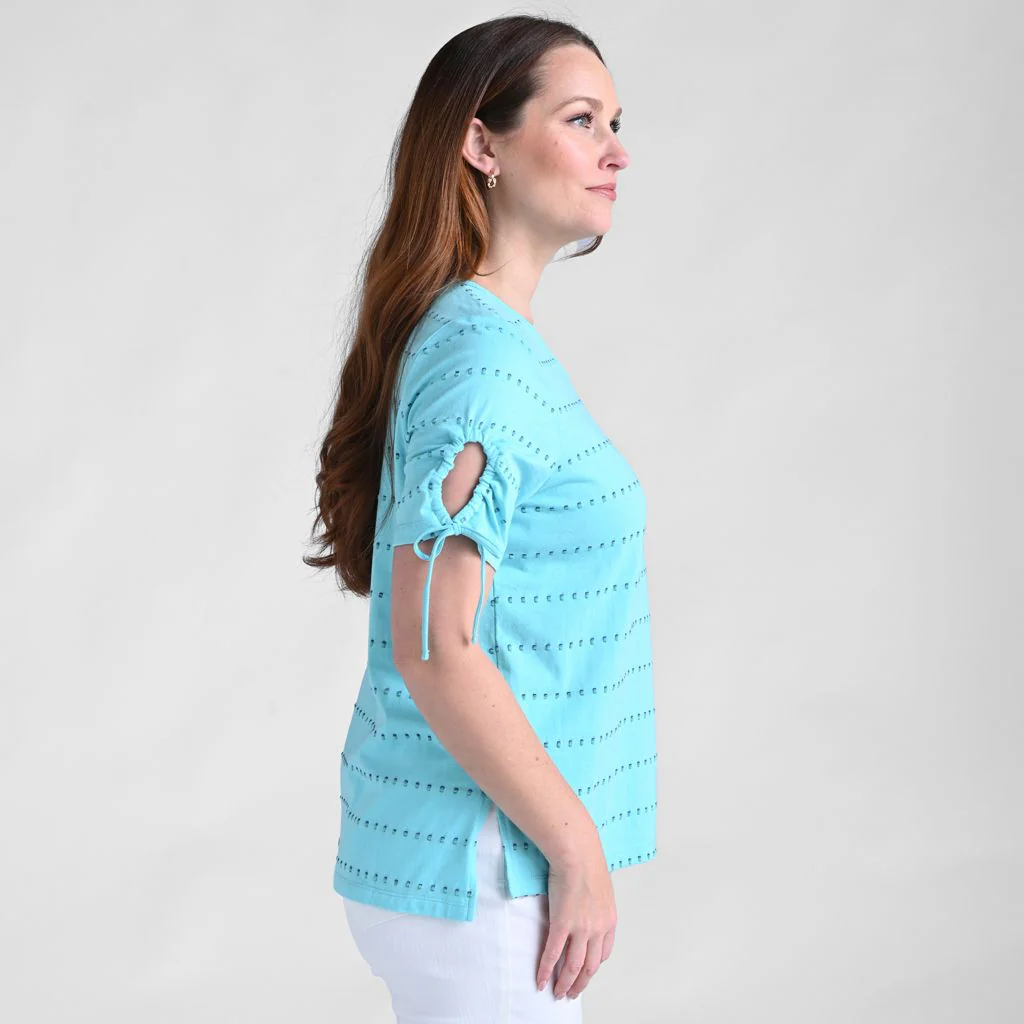 Textured Dot Striped Tie Sleeve Top - Image 6
