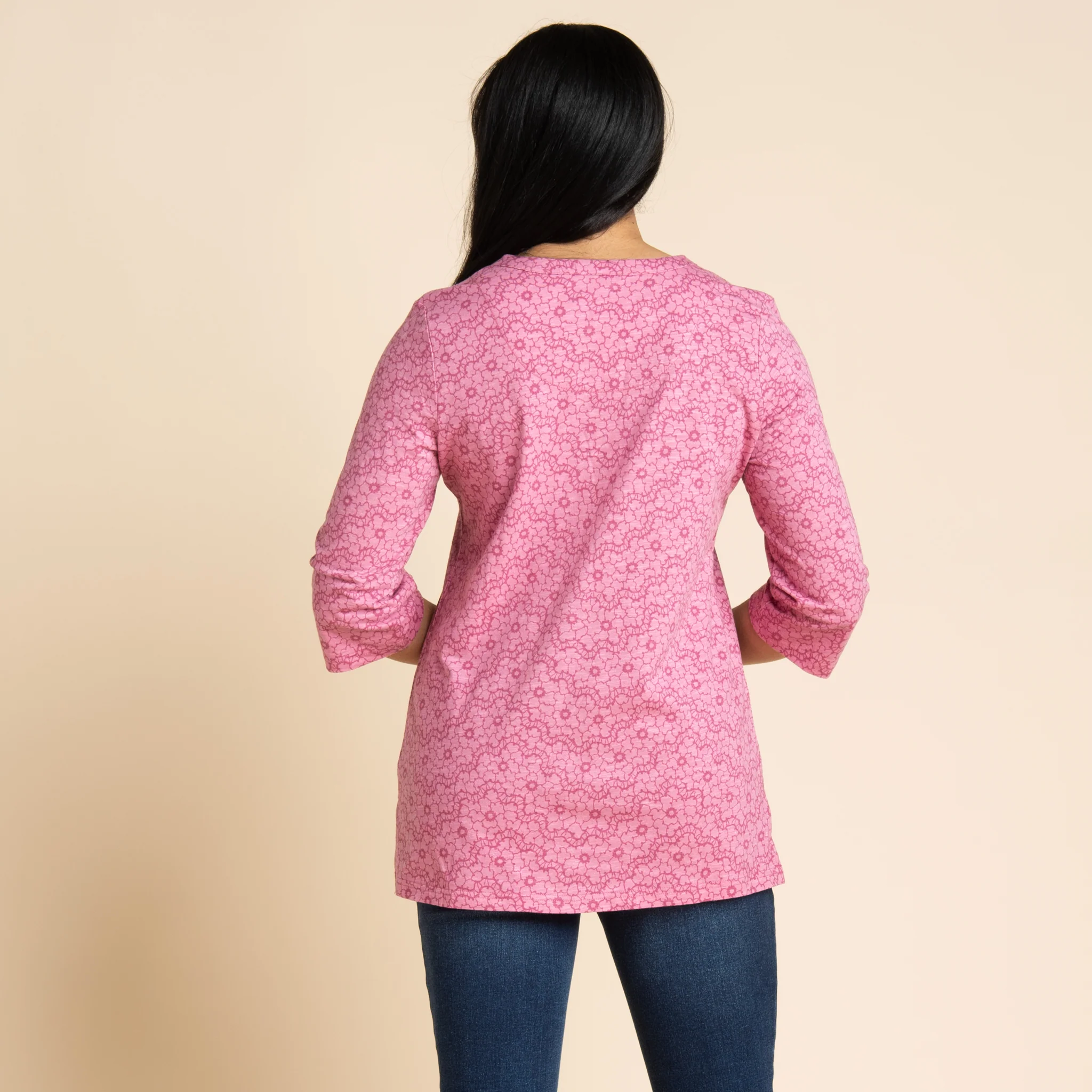 Tonal Lace Print Notch Neck 3/4 Sleeve Top - Image 3
