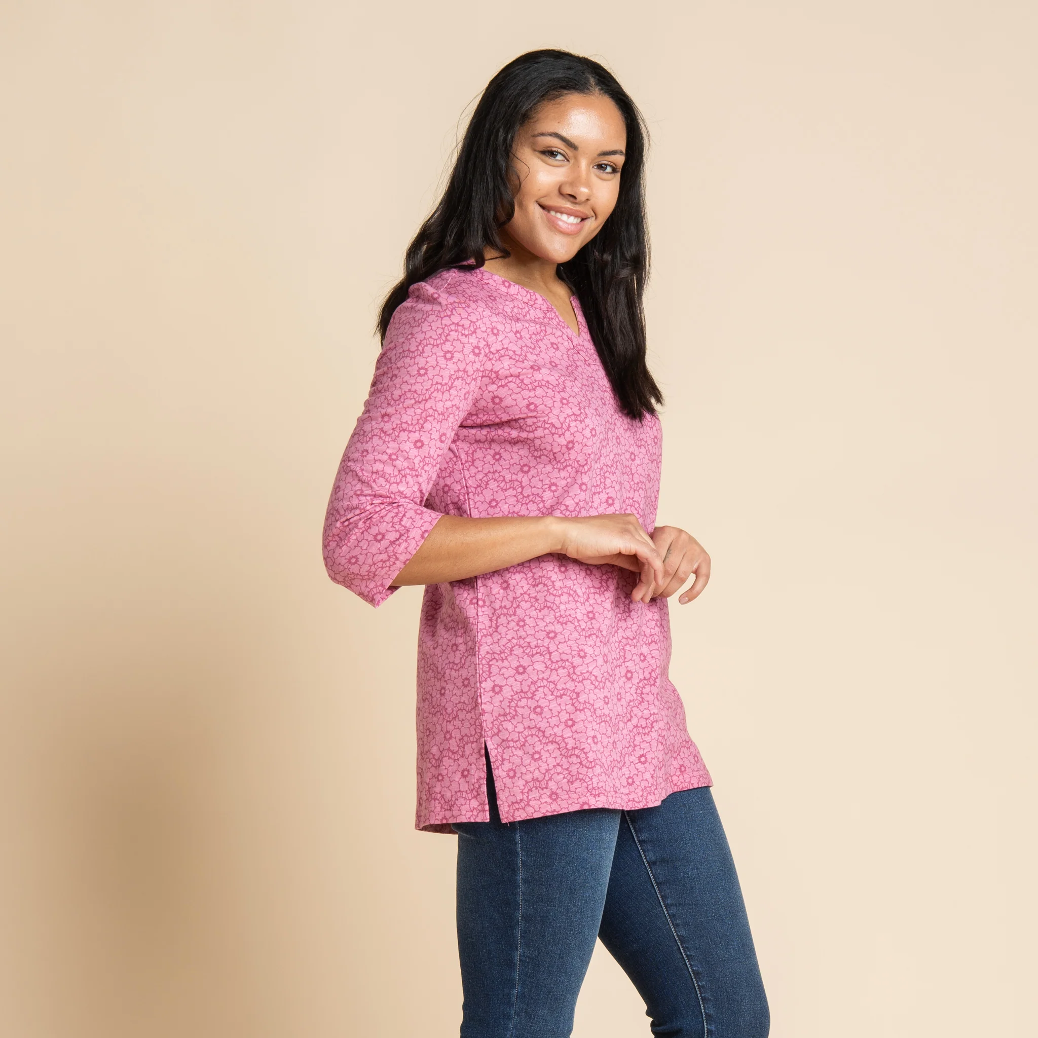 Tonal Lace Print Notch Neck 3/4 Sleeve Top - Image 4