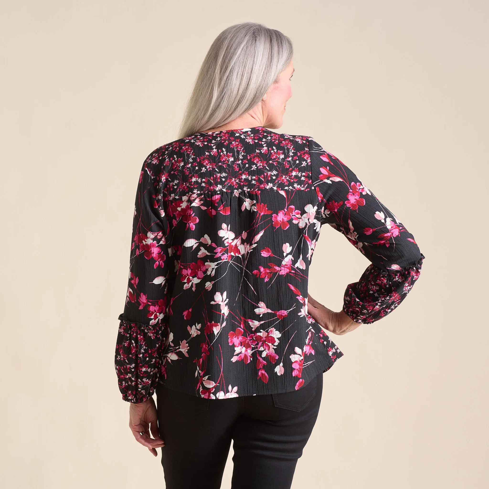 Botanical Floral Print Pleat Detail Long Sleeve Blouse - Image 3