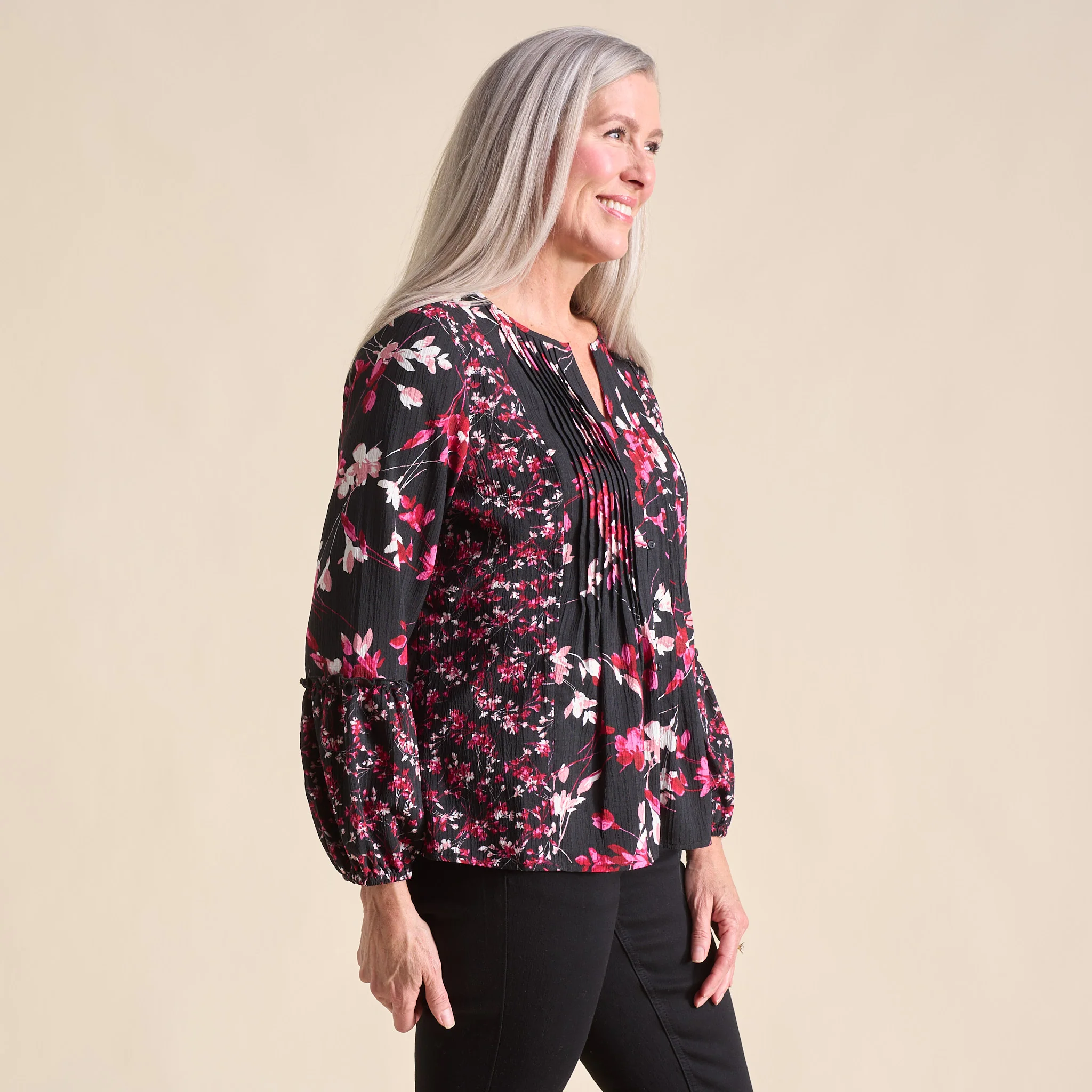 Botanical Floral Print Pleat Detail Long Sleeve Blouse - Image 4