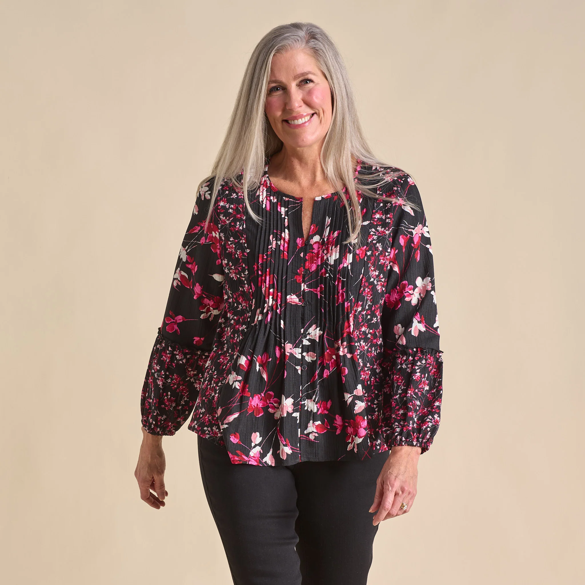 Botanical Floral Print Pleat Detail Long Sleeve Blouse - Image 7