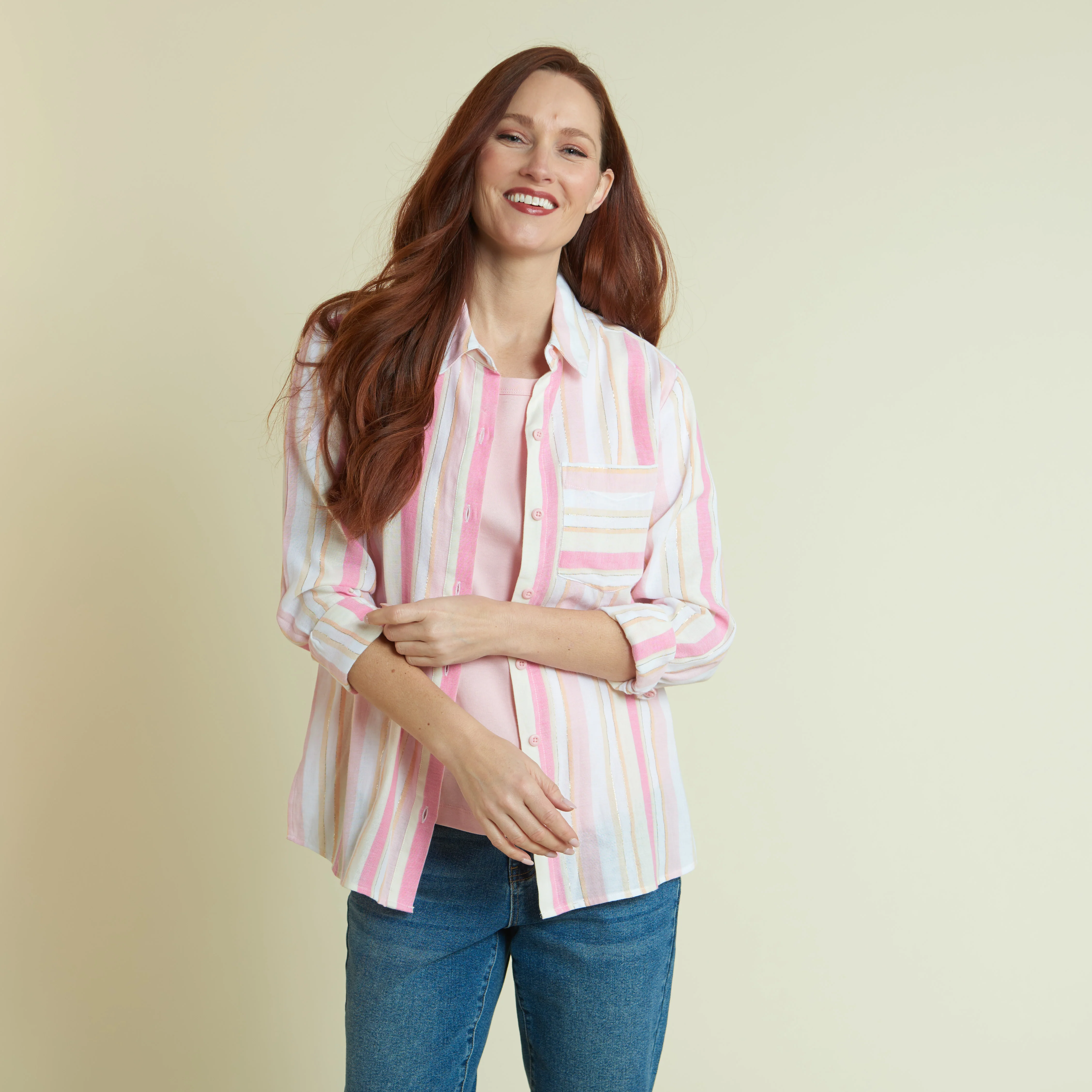 Metallic Shine Stripe Button Front Shirt