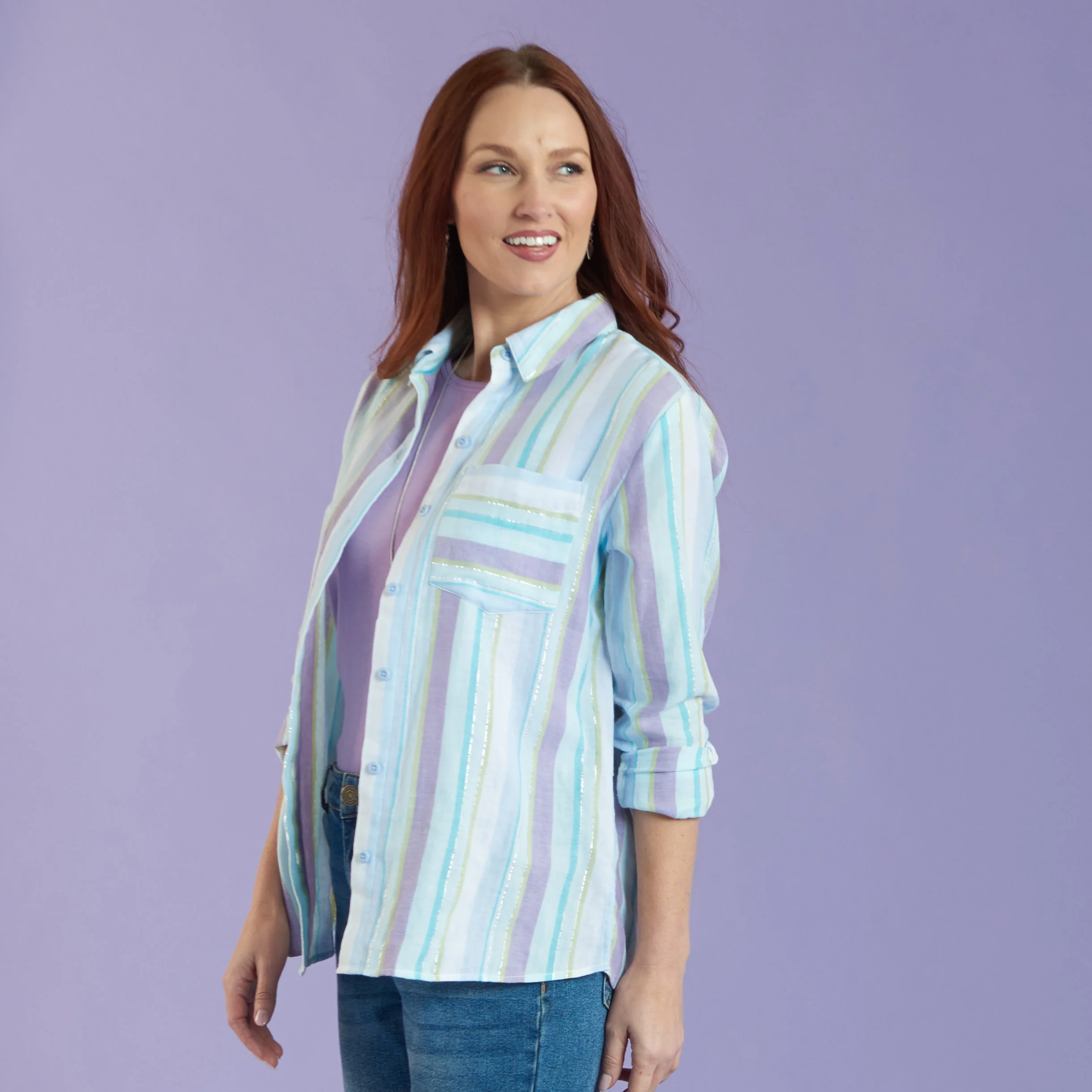 Metallic Shine Stripe Button Front Shirt - Image 3
